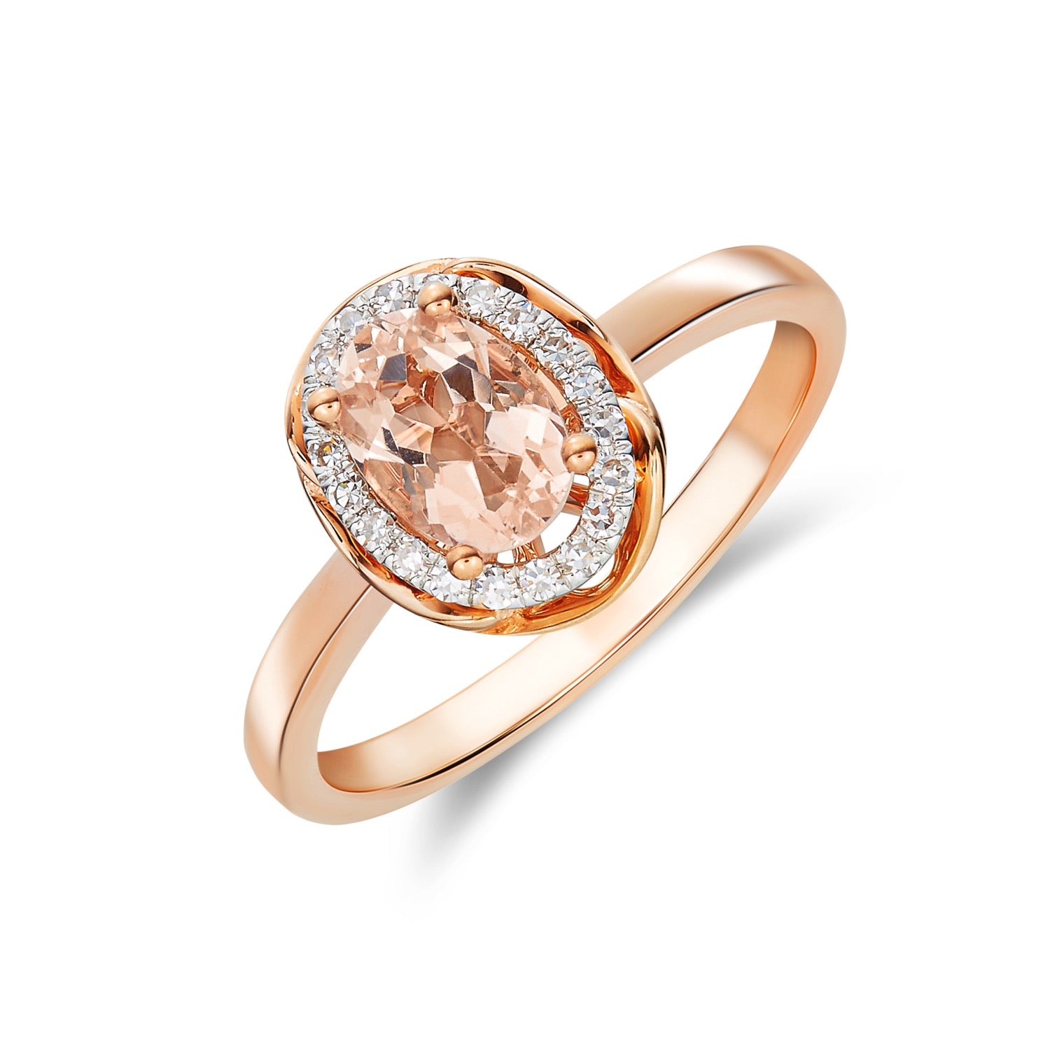 9ct Rose Gold 7x5 Oval Morganite & Diamond Cluster Ring with Rope Edge Rhodium to Diamonds