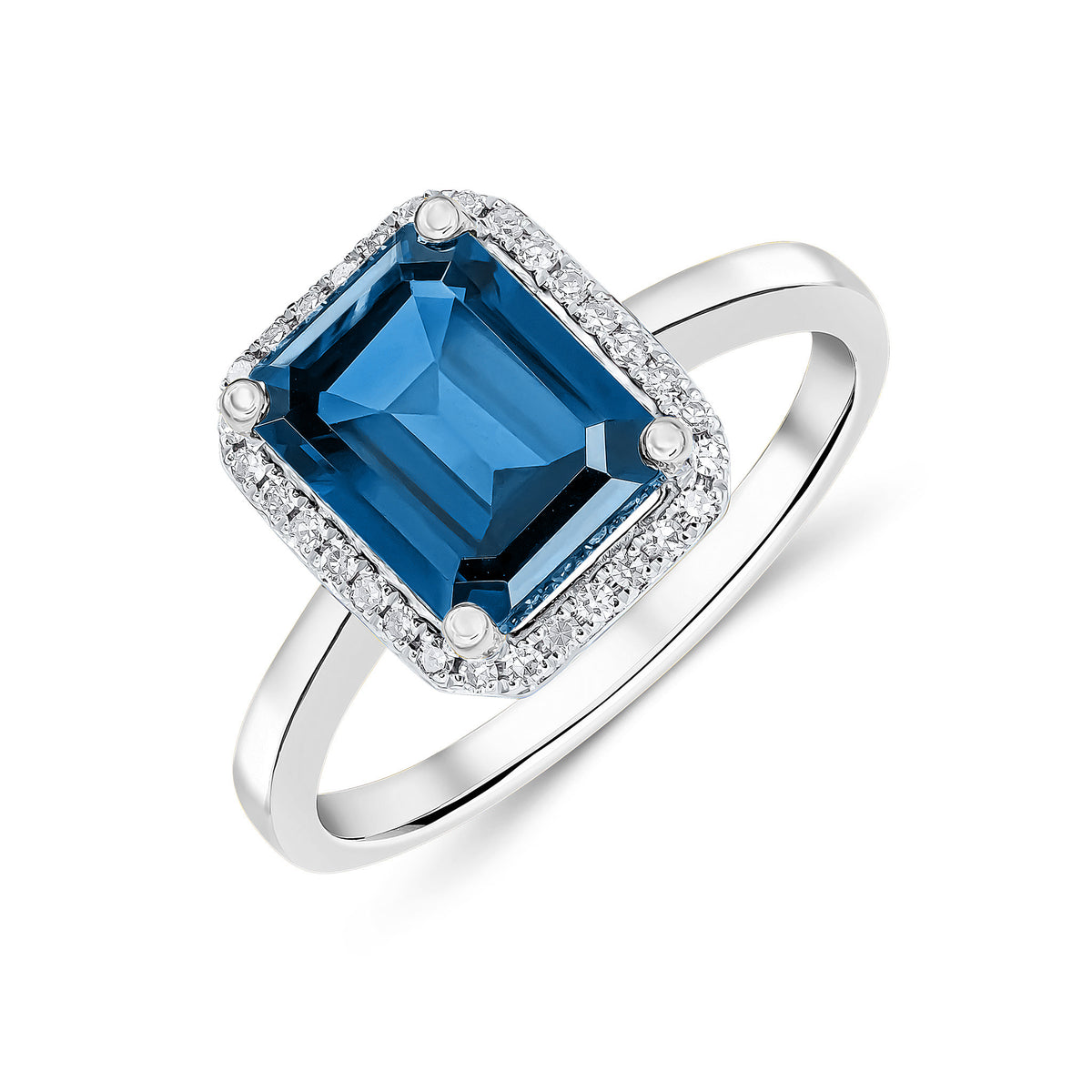 9ct White Gold 9x7 Octagon London Blue Topaz & Diamond Claw Set Cluster Ring