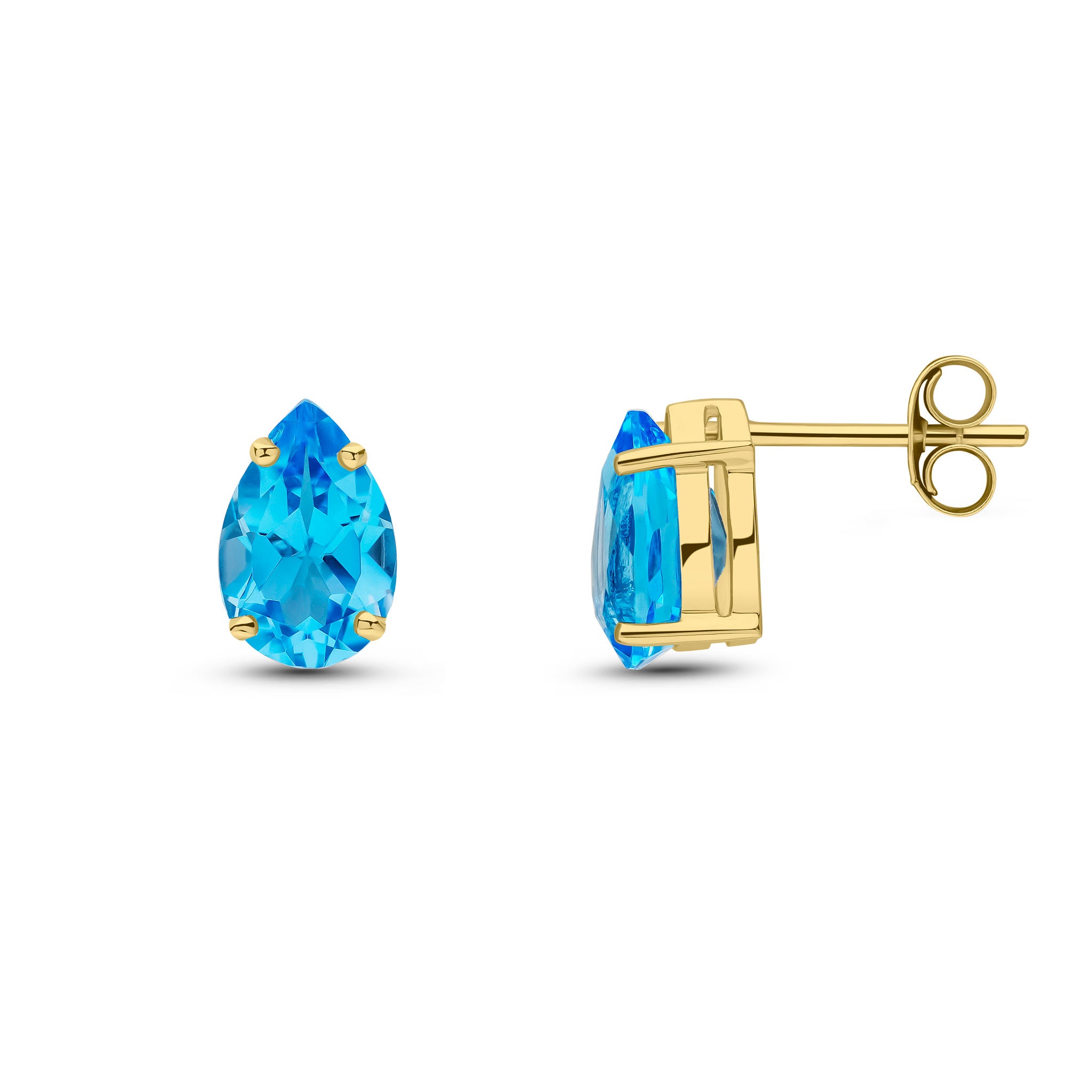 9ct Yellow Gold 9x6 Pear Shape Swiss Blue Topaz 4 Claw Earrings