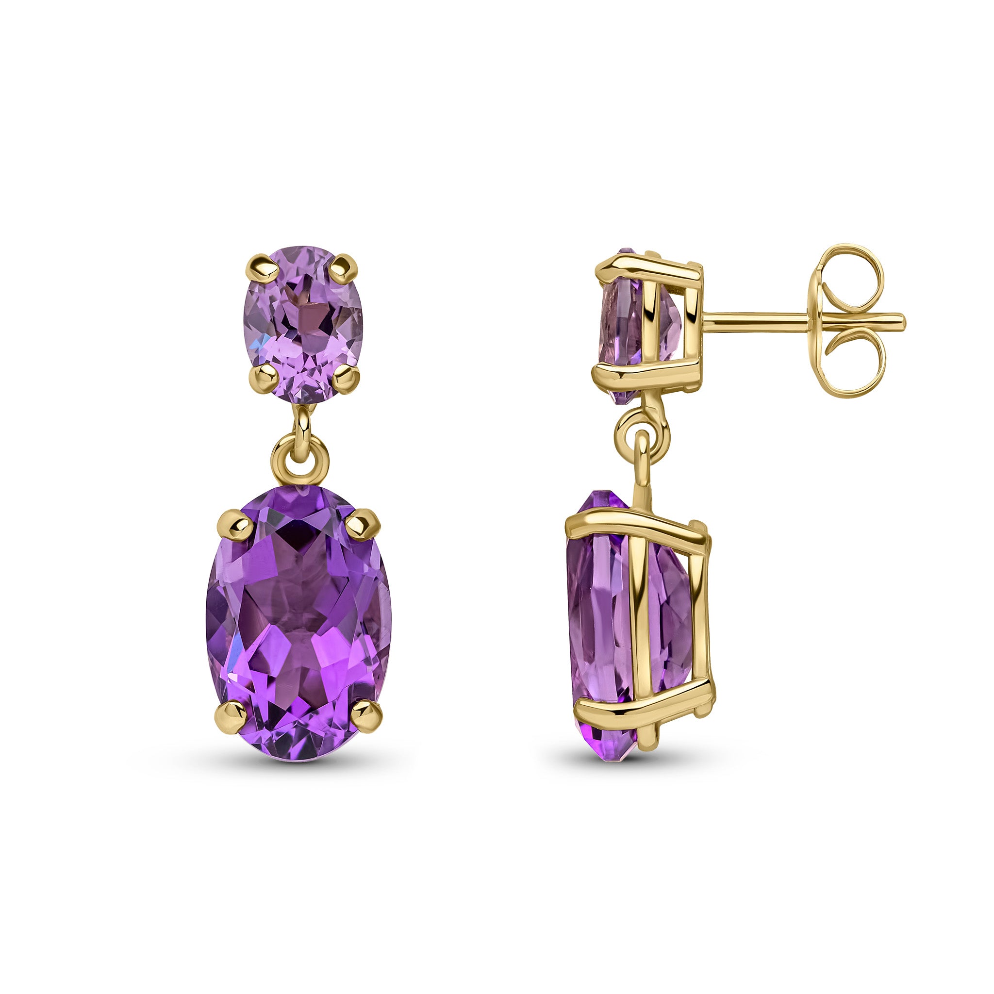 9ct Yellow Gold Oval Amethyst Claw Set 2 Stone Drop Earrings