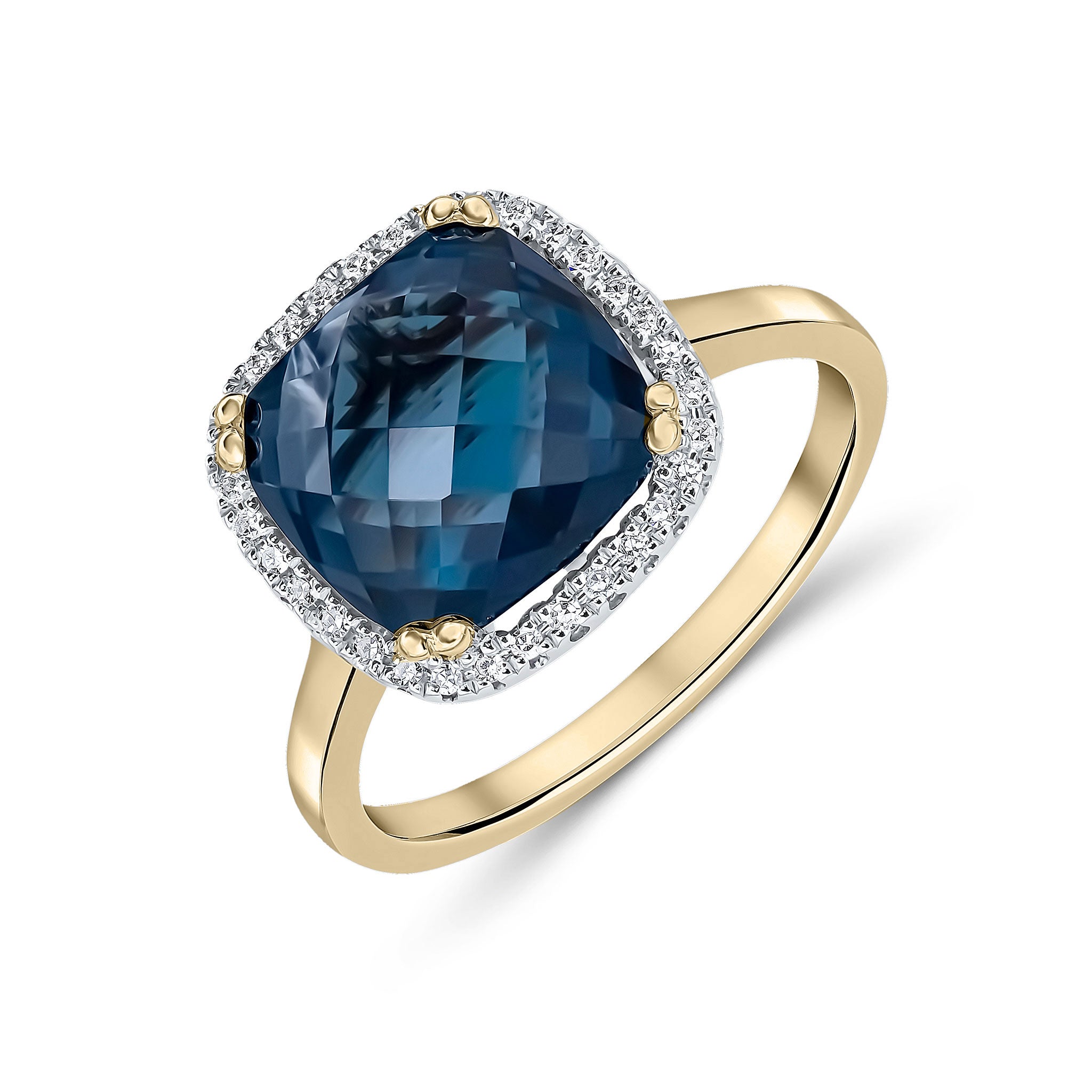 9ct Yellow Gold 10mm Checkerboard Cut Cushion London Blue Topaz & Diamond Claw Set Cluster Ring Rhodium to Diamonds