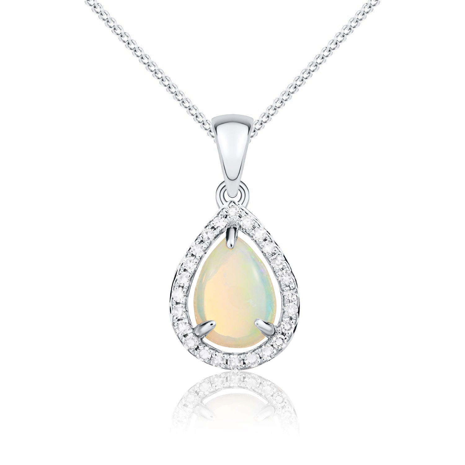 9ct White Gold 7x5 Pear Shape Opal & Diamond Halo Claw Cluster Pendant