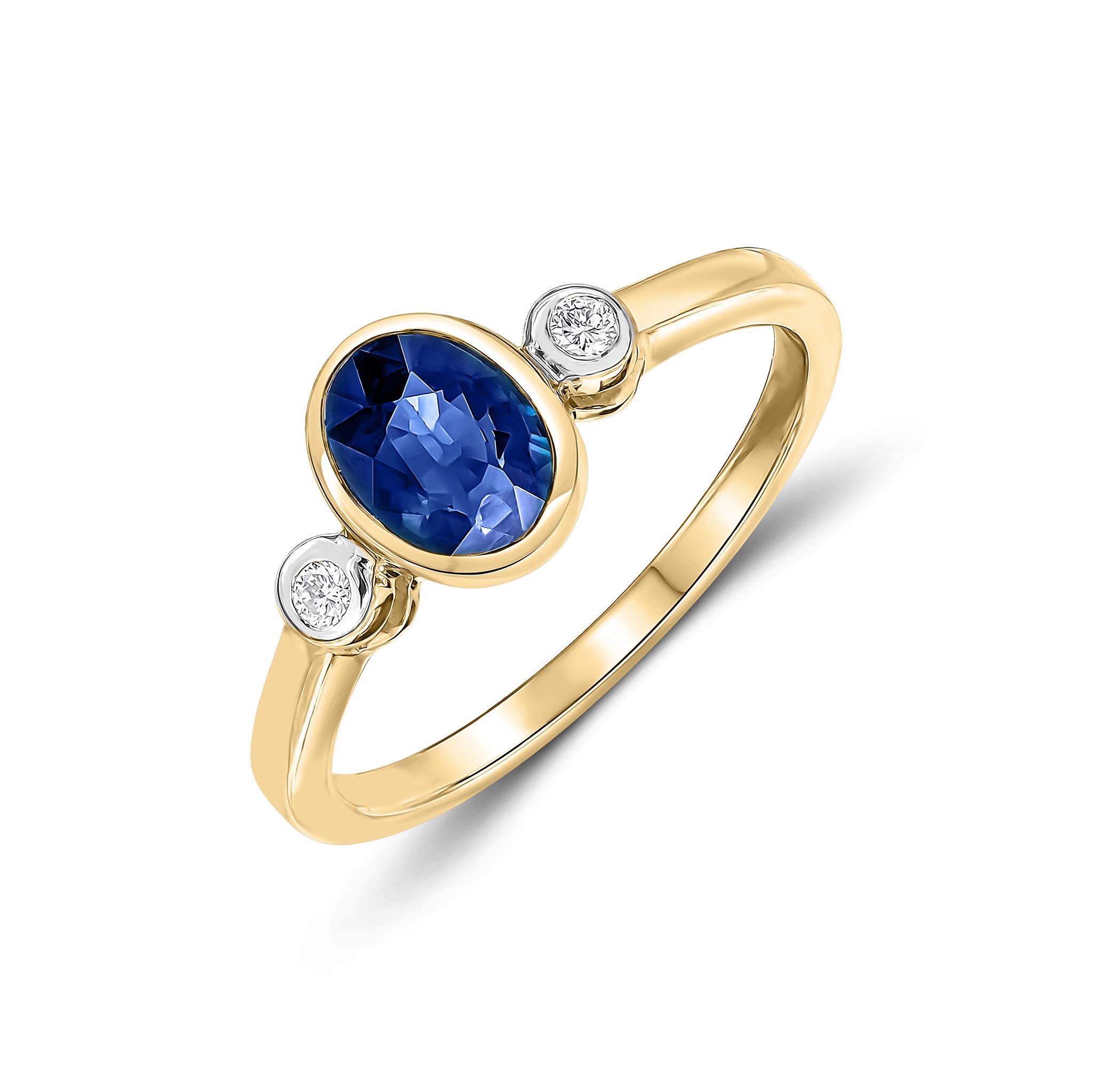 9CT YG 7X5 OVAL SAPPHIRE & ROUND DIAMOND 3ST RUBOVER RING. RHODIUM TO DIAMONDS 1