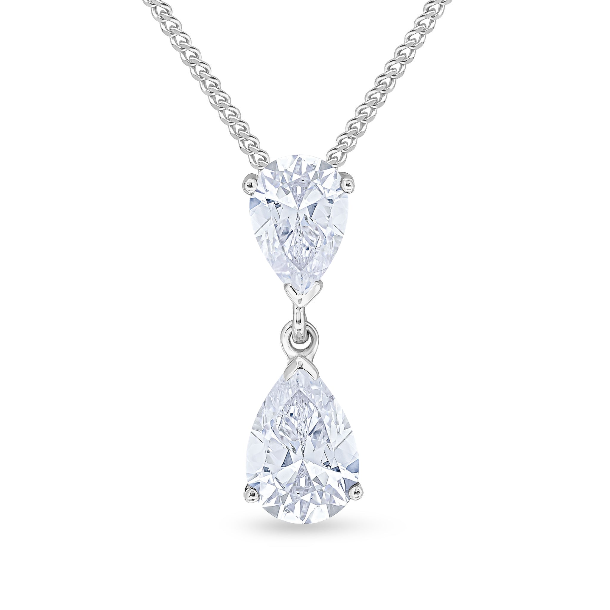 9ct White Gold Pear Shape CZ 2 Stone Claw Set Pendant