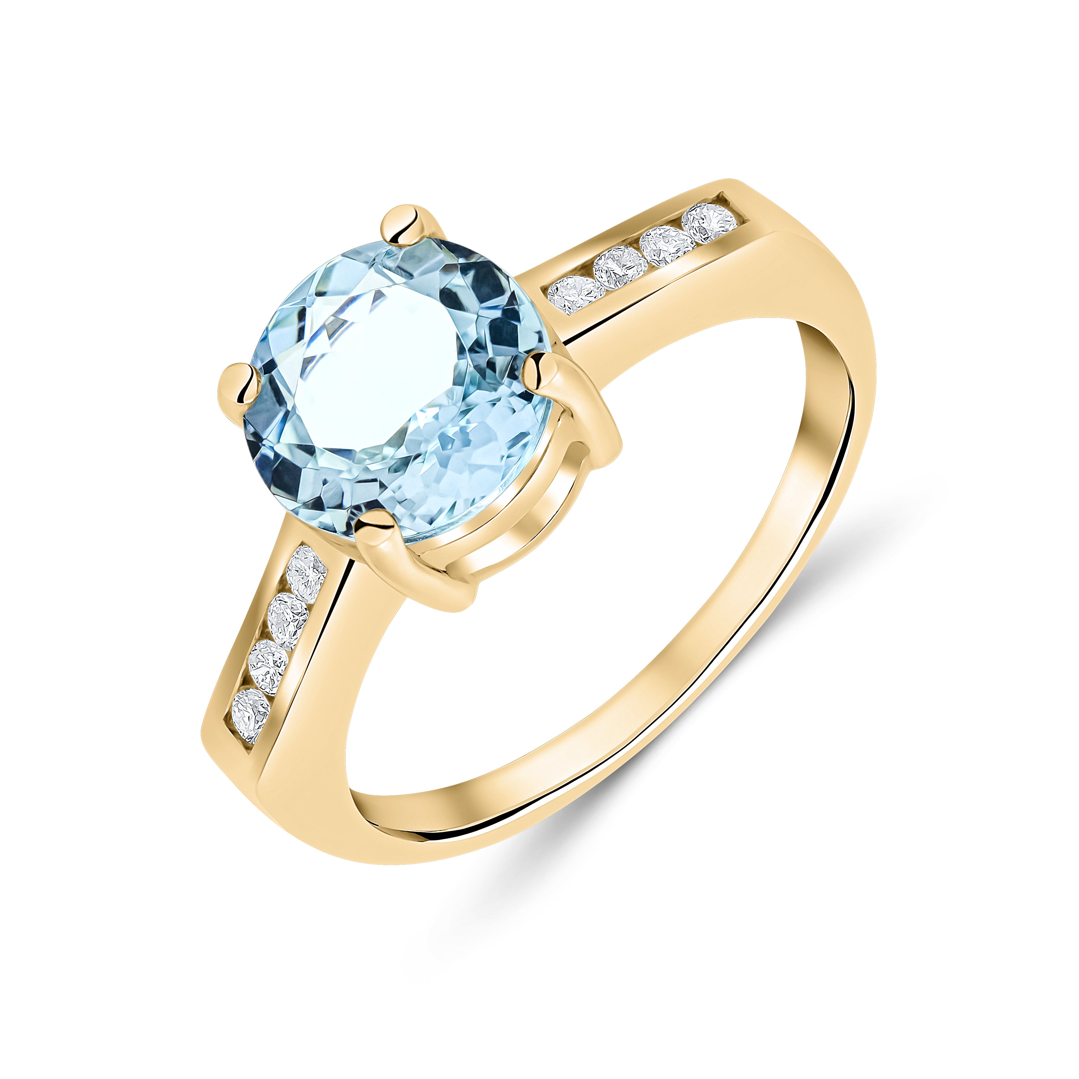 9ct Yellow Gold Claw Set 8mm Round Aquamarine Single Stone Ring with Channel Set Diamond Shoulders