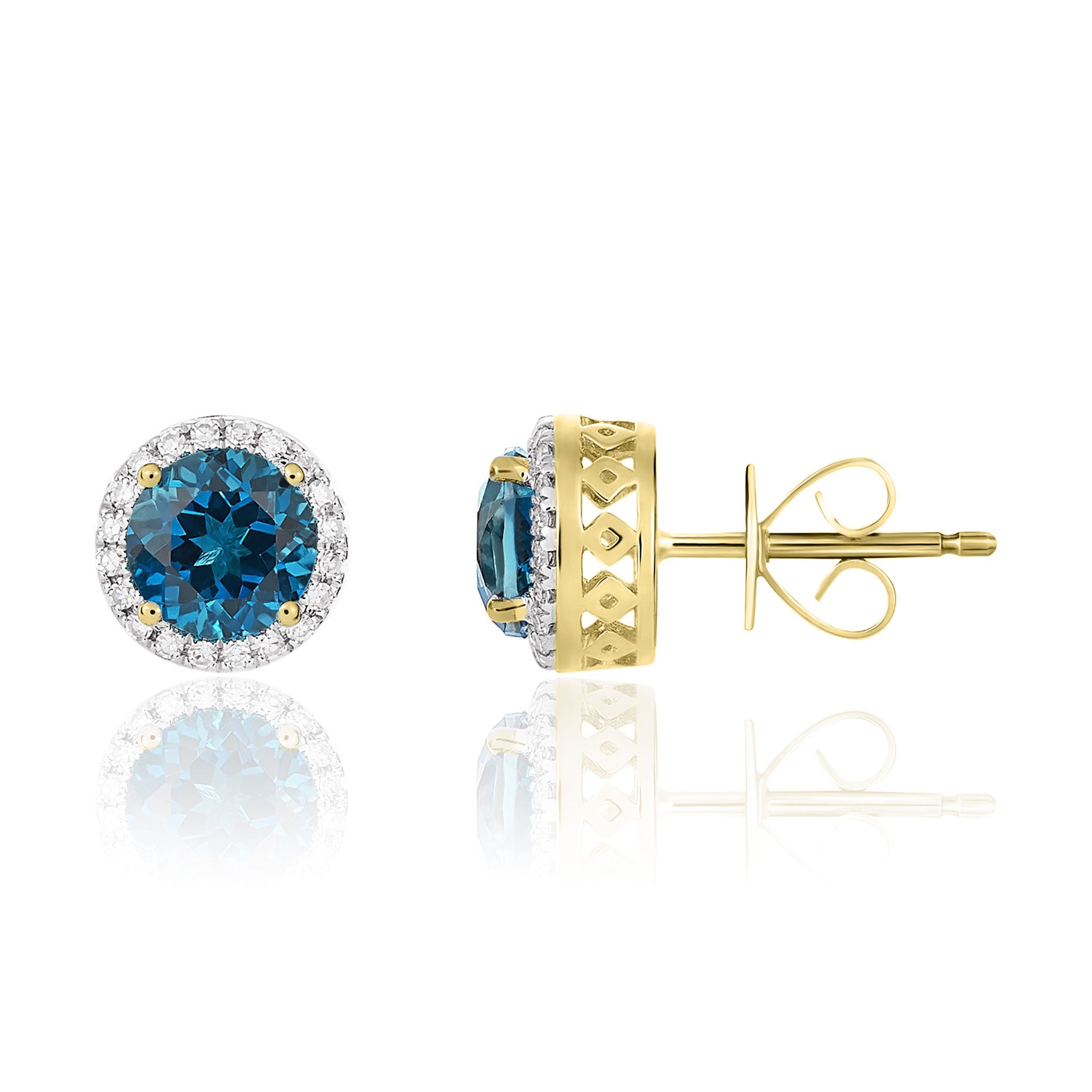 9ct Yellow Gold 6mm Round London Blue Topaz and Diamond Claw Cluster Earrings Rhodium to Diamonds