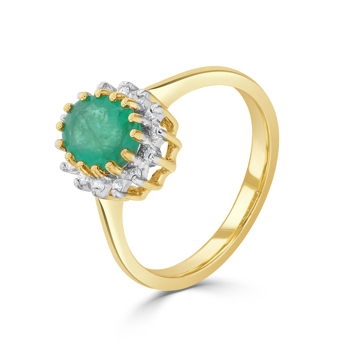 9ct Yellow Gold 8x6 Oval Emerald & Diamond Claw Set Cluster Ring Rhodium to Diamonds
