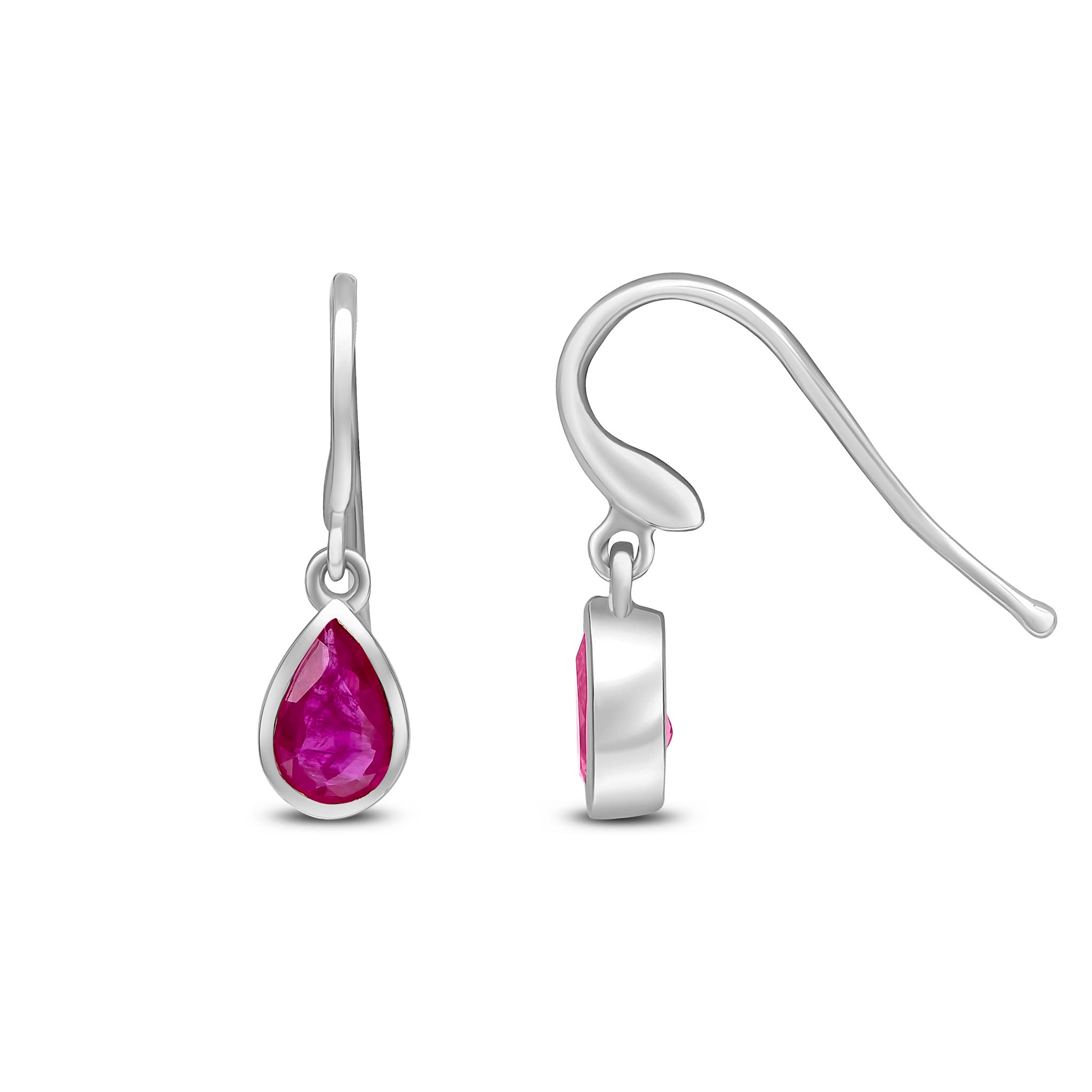 9ct White Gold 6x4 Pear Shape Ruby Rubover Drop Earrings Hook Wire Fitting