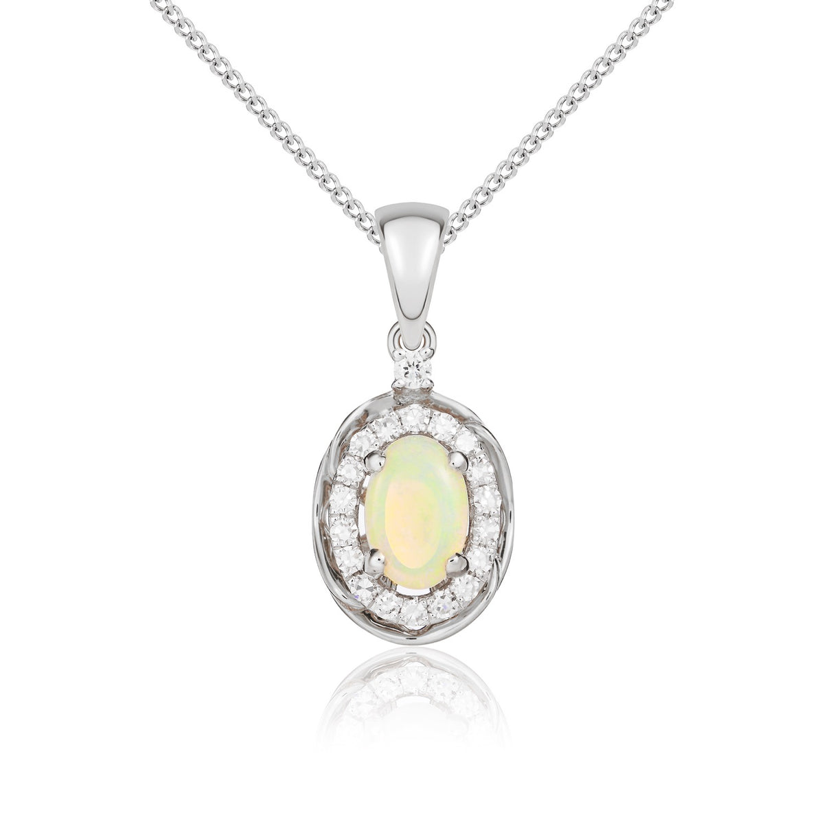9ct White Gold 6x4mm Oval Opal & Diamond Halo Claw Cluster Pendant