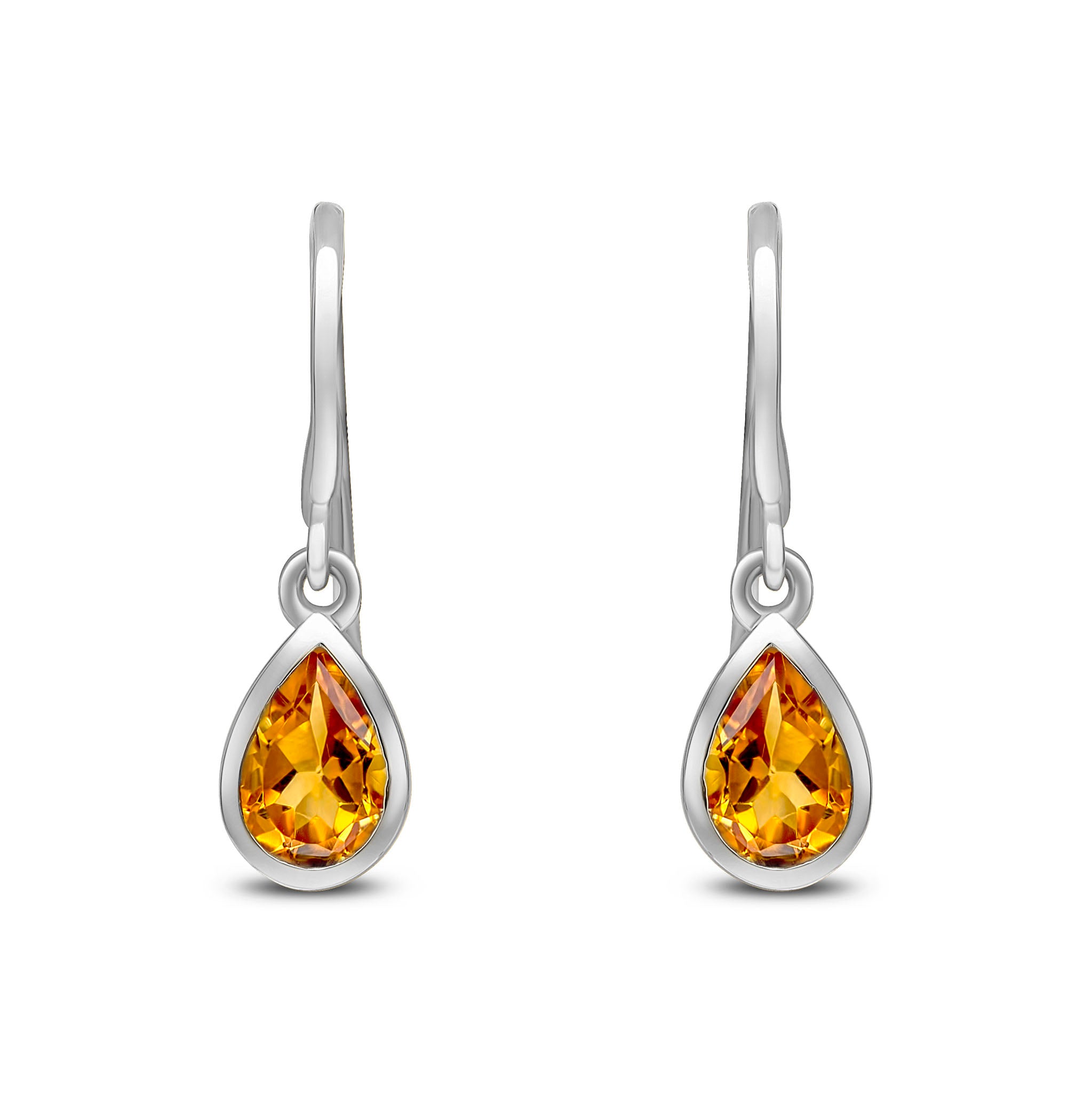 9ct White Gold 6x4 Pear Shape Citrine Rubover Drop Earrings Hook Wire Fitting