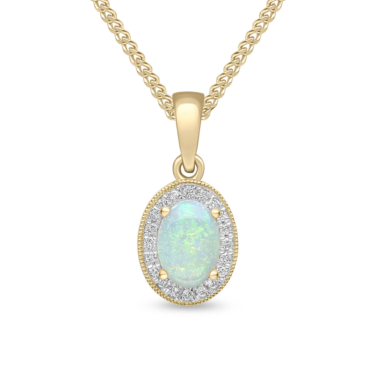 18ct Yellow Gold Claw Set 7x5mm Oval Opal and Diamond Cluster Pendant Milgrain Edge