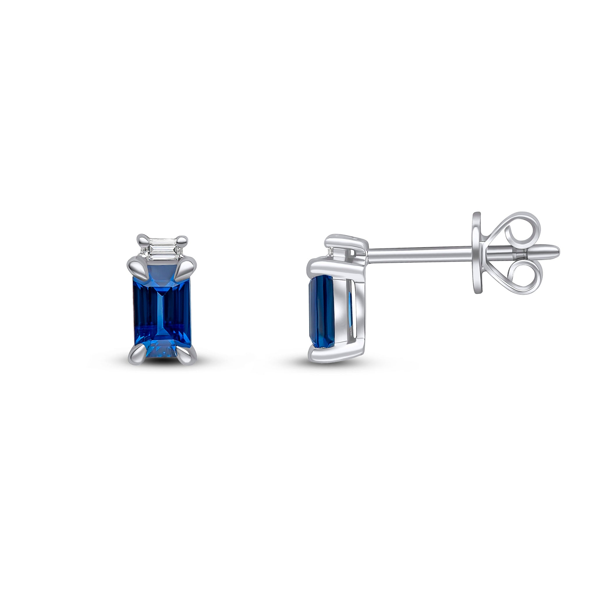 18ct White Gold 5x3 Octagon Sapphire & Baguette Diamond 2 Stone Earrings