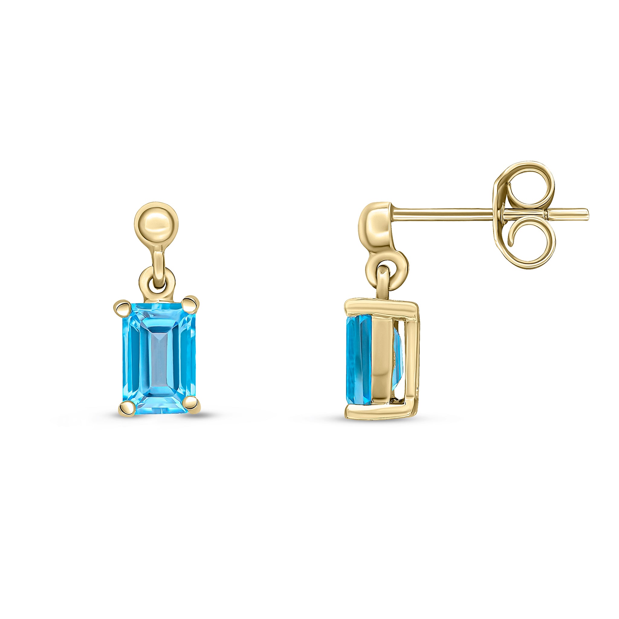 9ct Yellow Gold 6x4 Octagon Swiss Blue Topaz Claw Set Drop Earrings with Bead Top