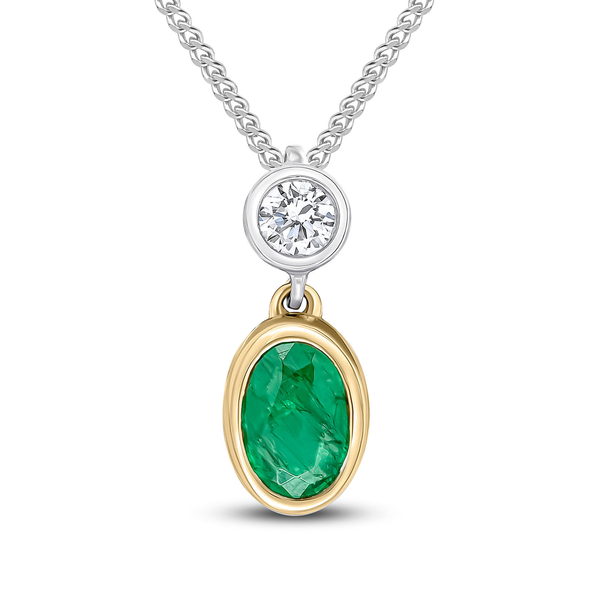 18ct Ywg Oval Emerald & Round Diamond 2 Stone Rubover Slider Pendant