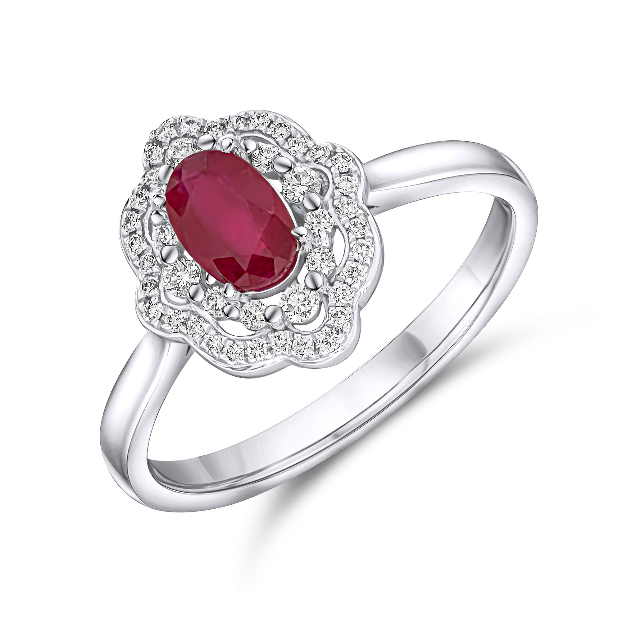 18ct White Gold Oval Ruby and Diamond Two Row Border Fancy Cluster Ring