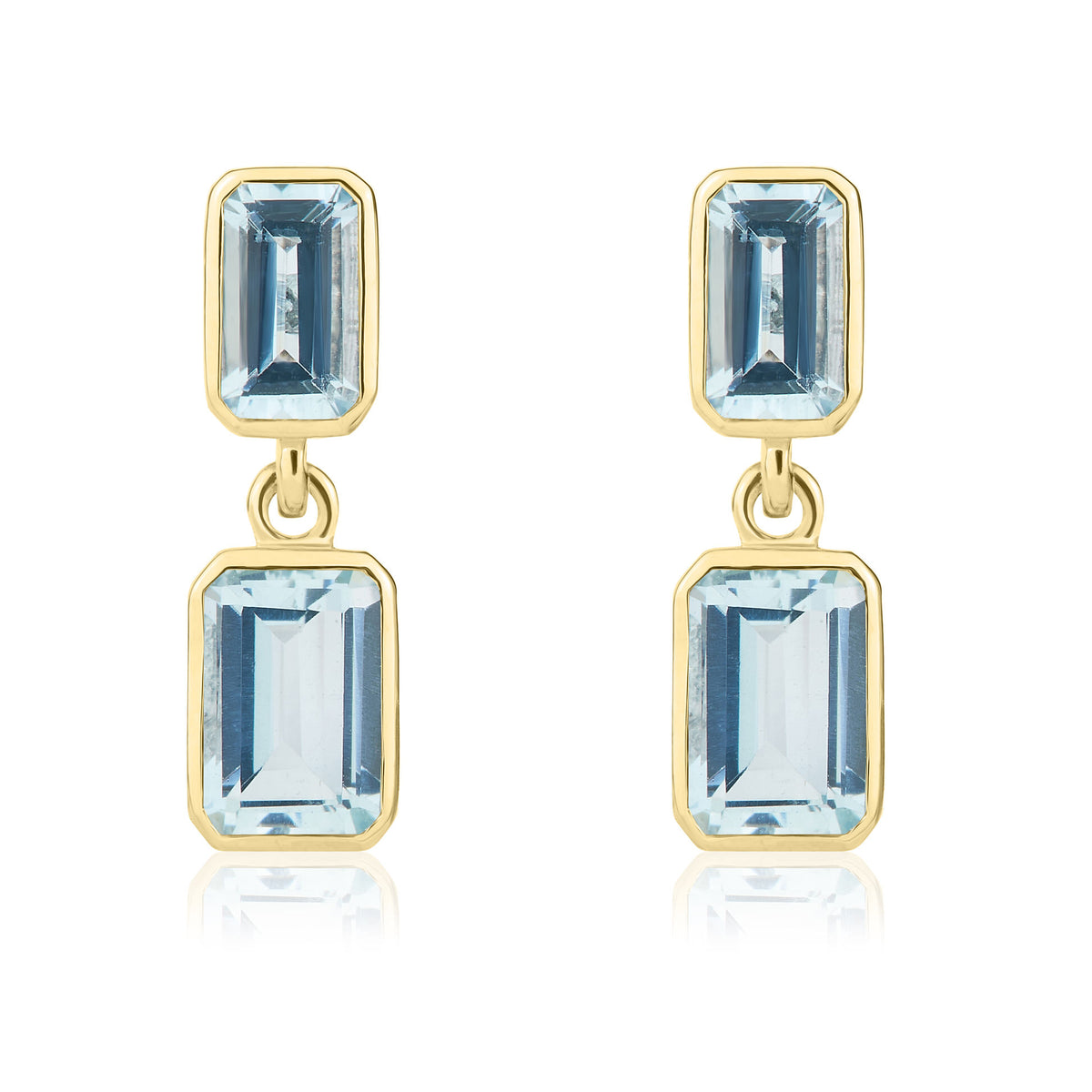 9ct Yellow Gold Octagon Aquamarine 2 Stone Rubover Drop Earrings