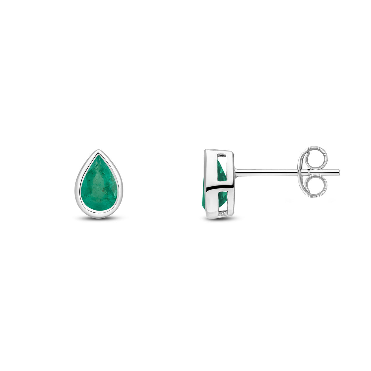 9ct White Gold 6x4 Pear Shape Emerald Rubover Set Earrings