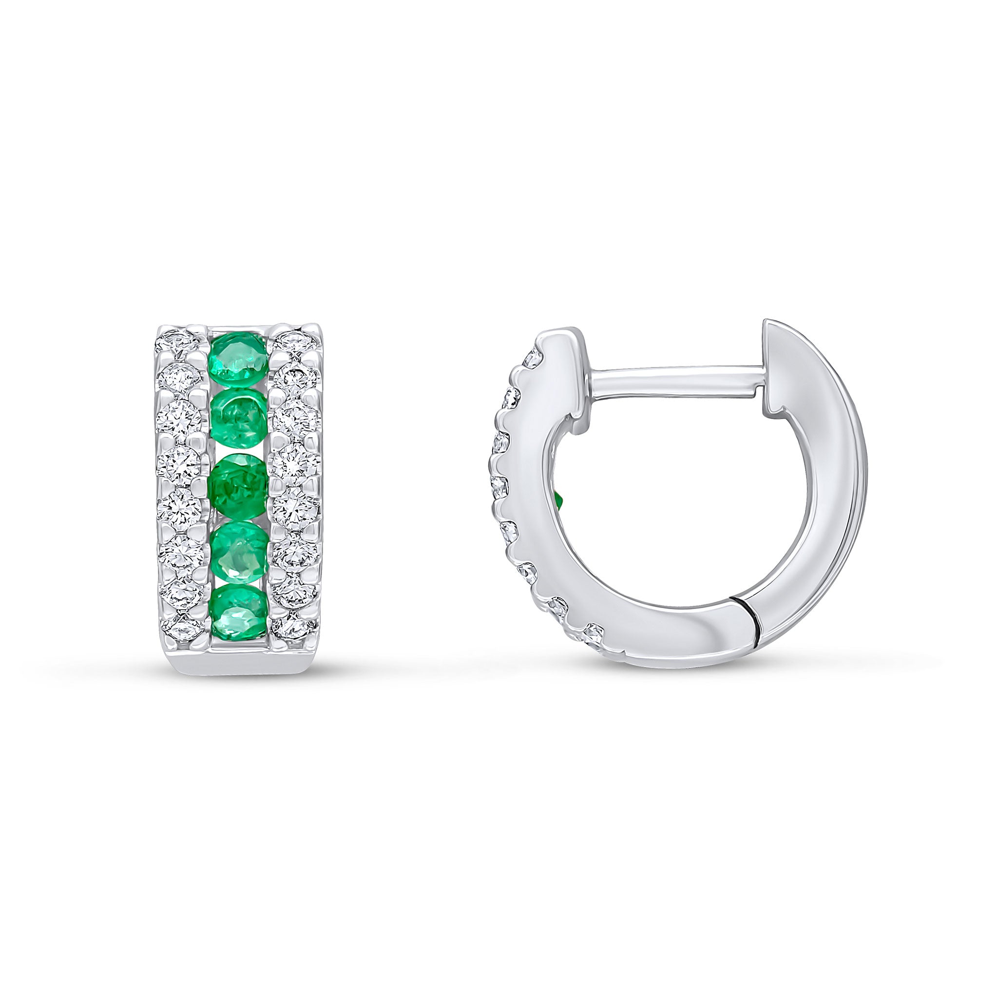 18wg Round Emerald & Diamond 3 Row Huggies