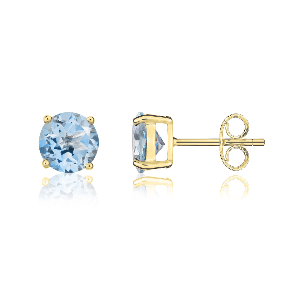 9ct Yellow Gold 8mm Round Aquamarine Claw Set Earrings