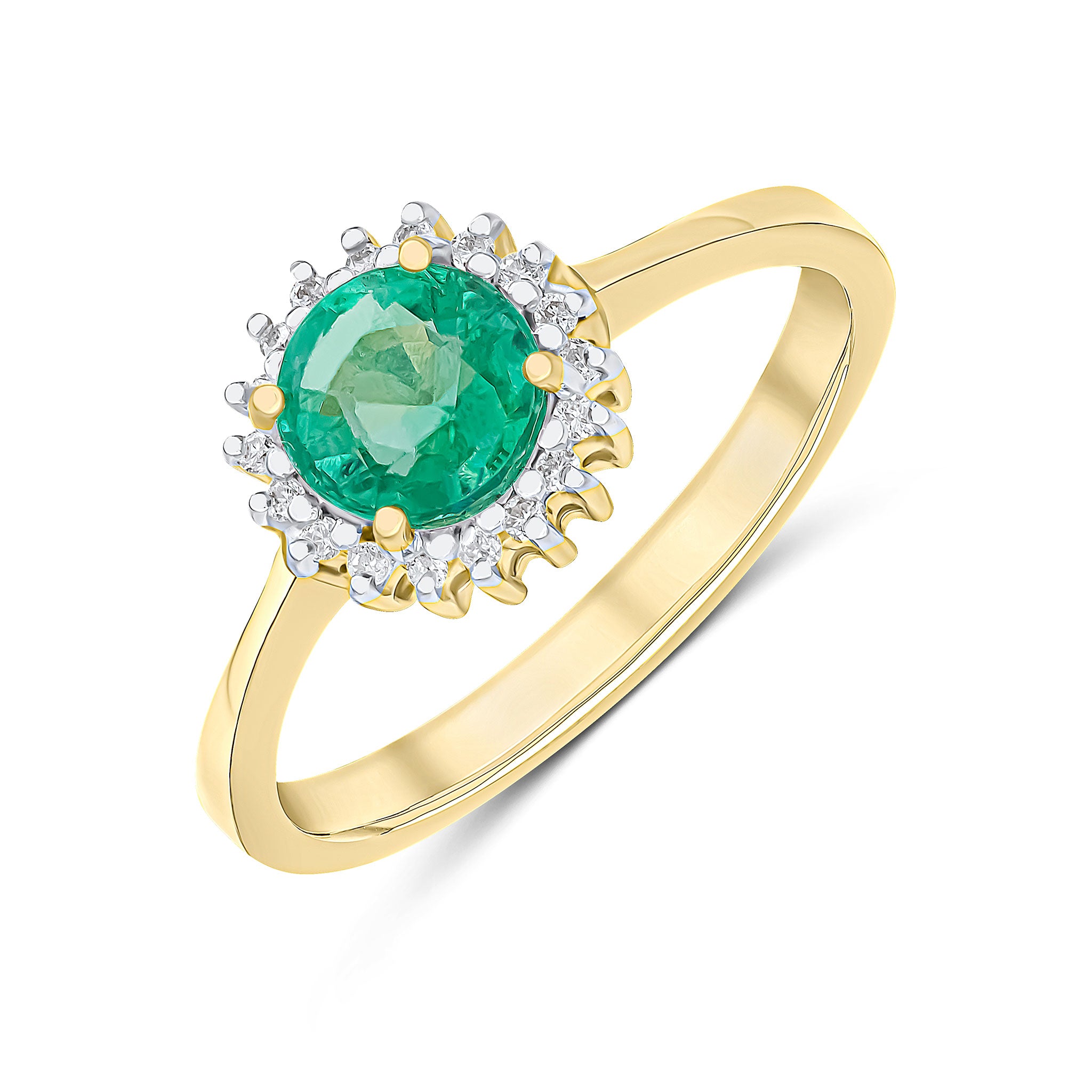 9CT YG 6MM ROUND EMERALD & DIAMOND CLAW SET CLUSTER RING. RHODIUM TO DIAMONDS 1