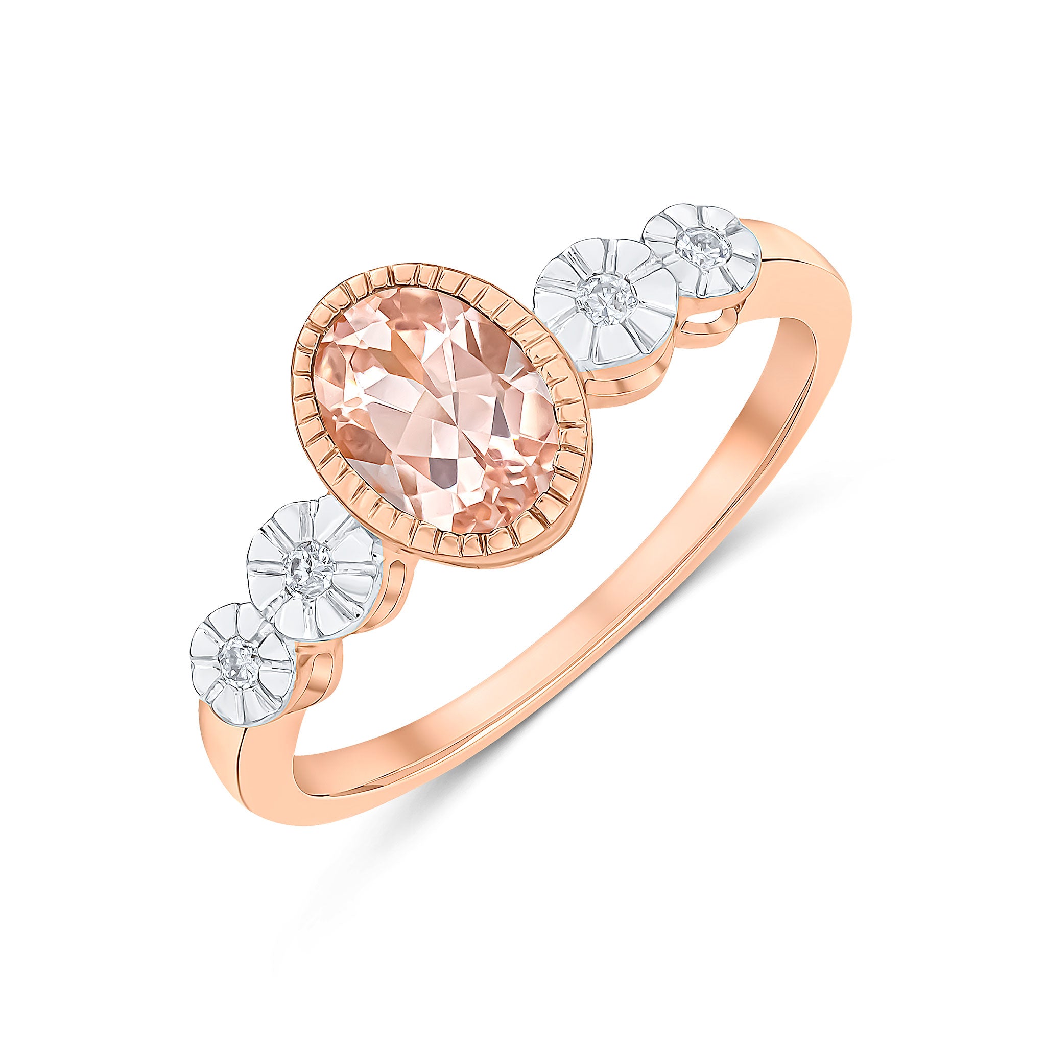 9ct Rose Gold Milgrain Oval Morganite and Illusion Diamond 4 Stone Shoulders Ring