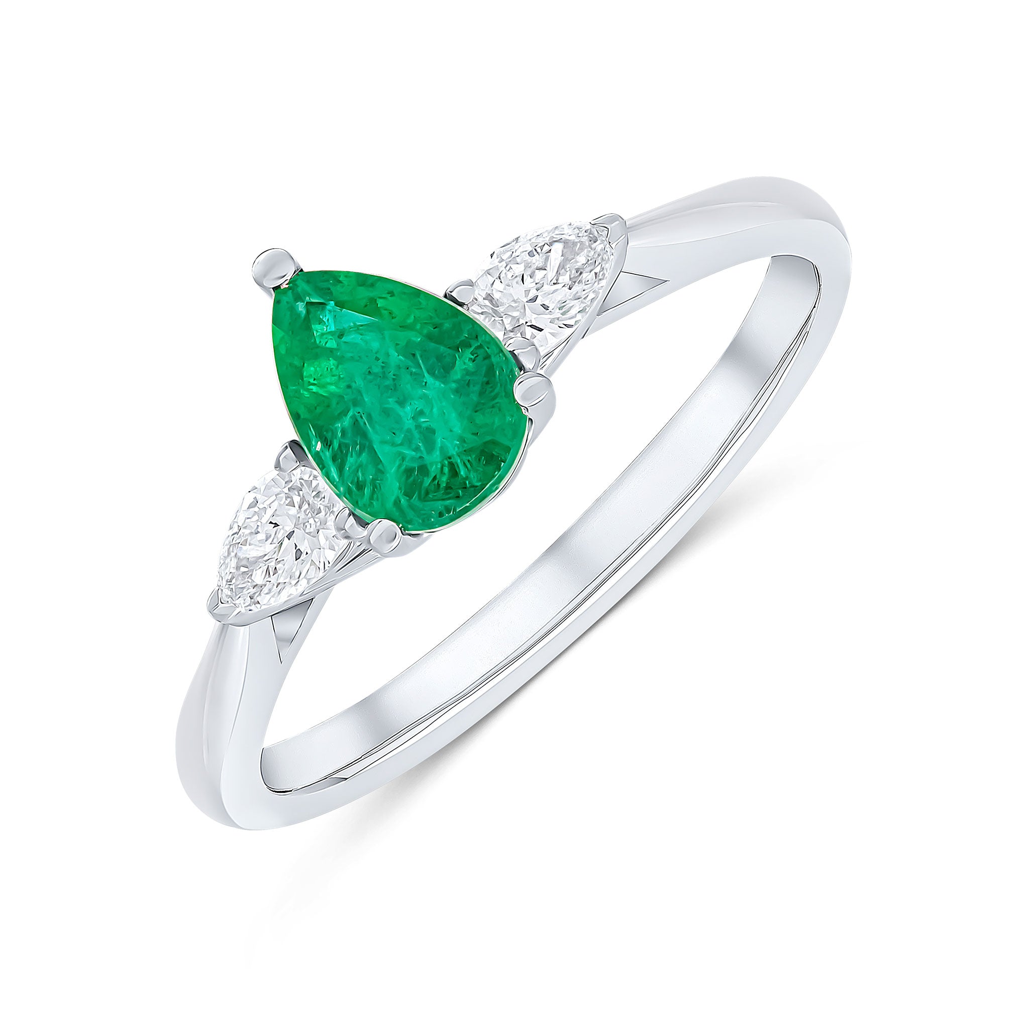 18ct White Gold Pear Shape Emerald & Pear Shape Diamond Claw 3 Stone Ring