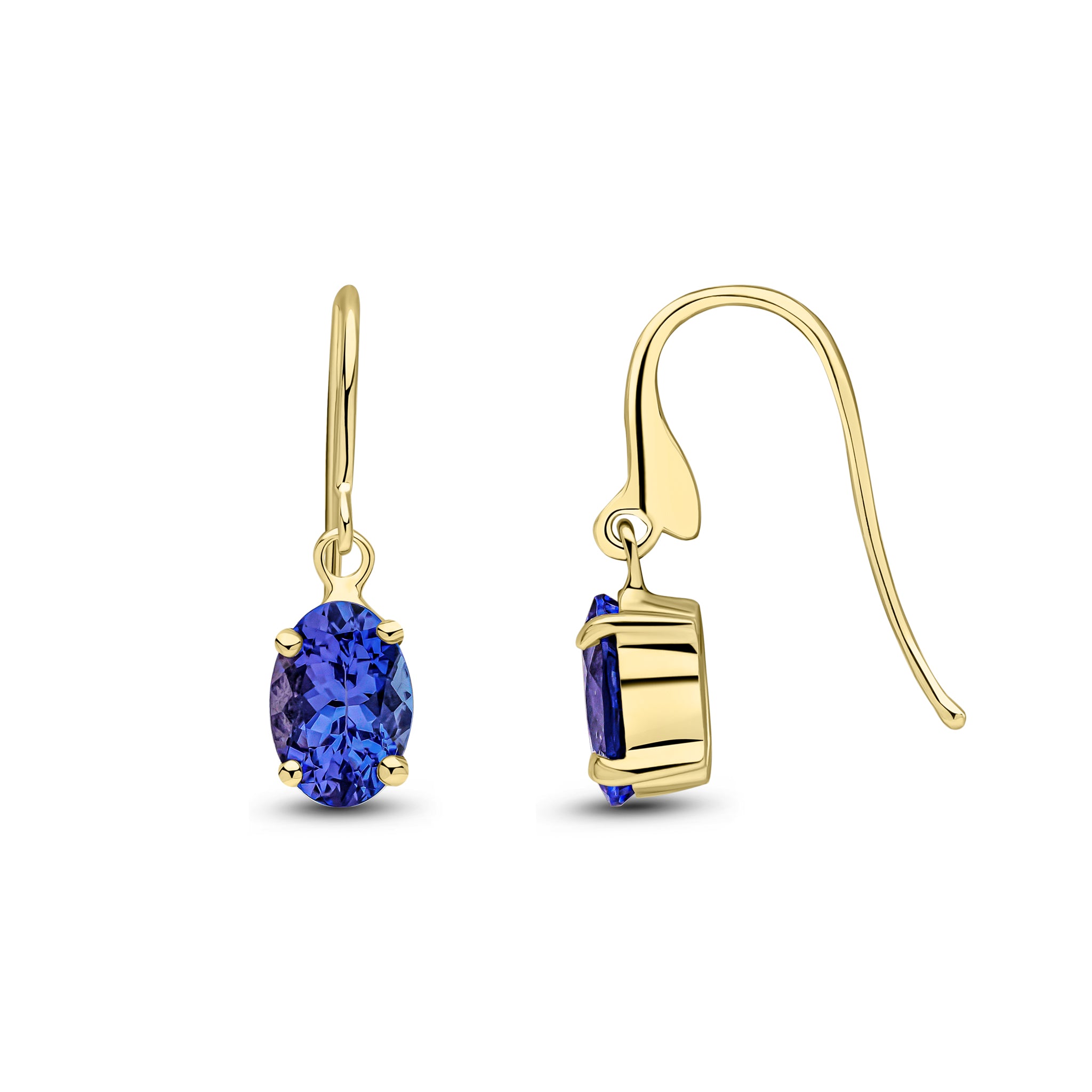 9ct Yellow Gold 7x5 Oval Tanzanite Claw Set Drop Earrings with Hook Wire Fitting