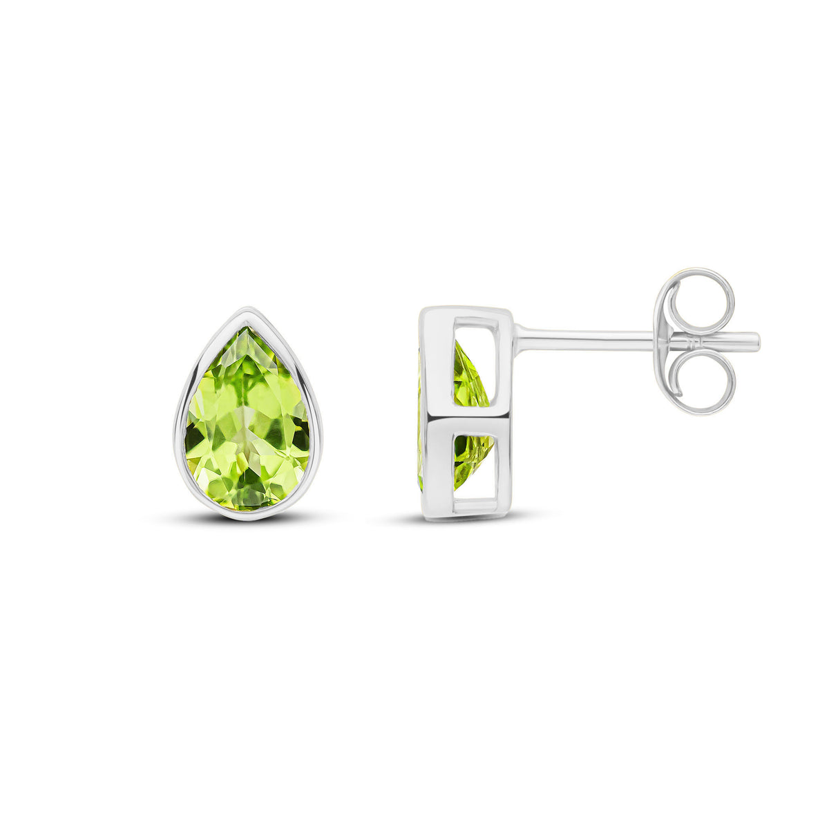 9ct White Gold 7x5 Pear Shape Peridot Rubover Set Earrings