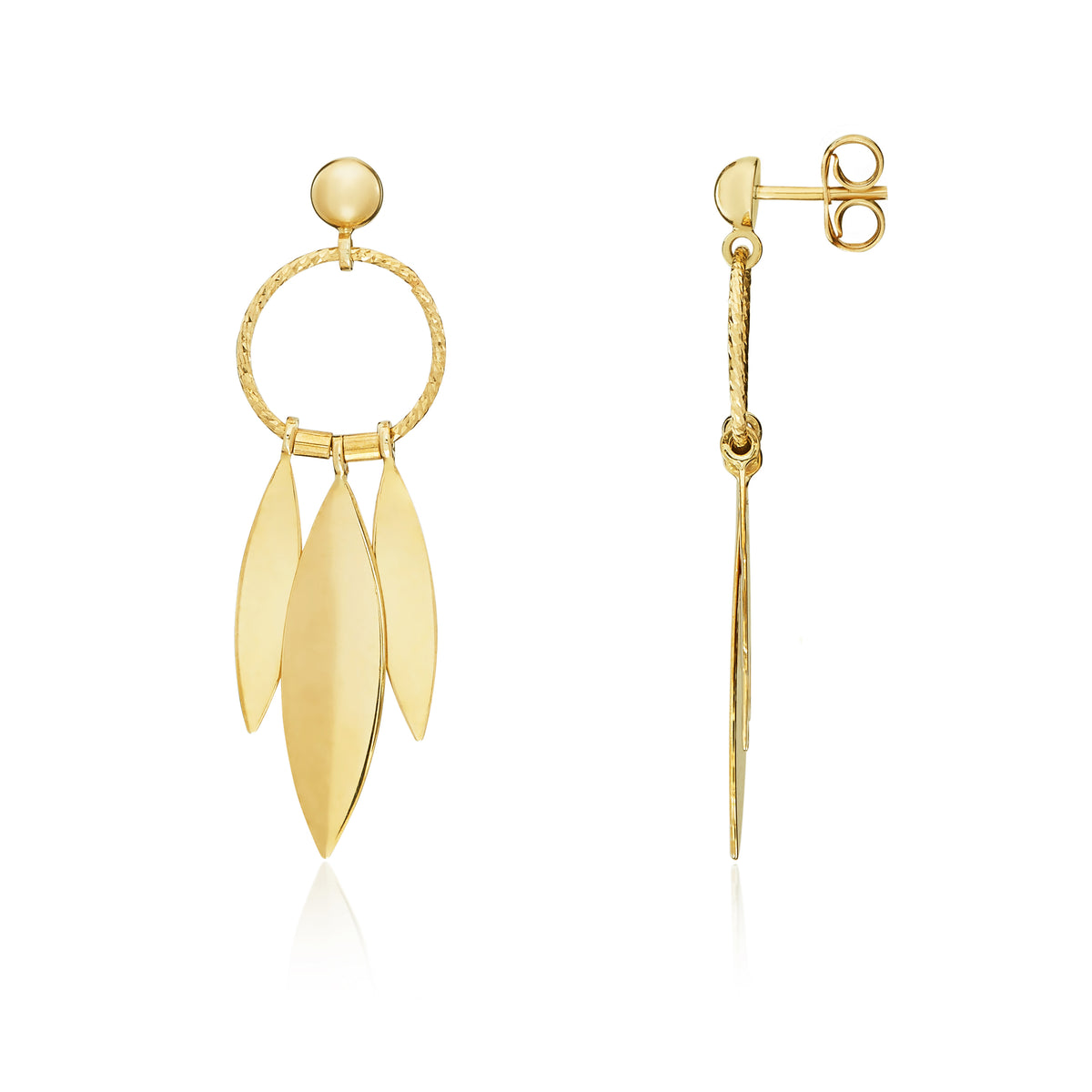9ct Yellow Gold Circle and Leaf Drop Earrings