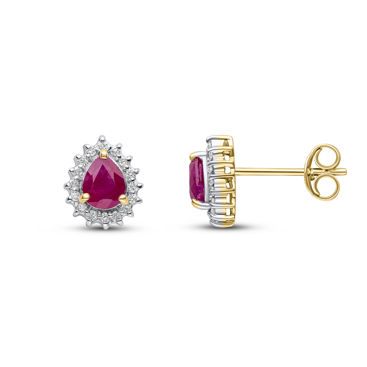 9ct Yellow Gold Pear Shape Ruby and Diamond Claw Cluster Earrings