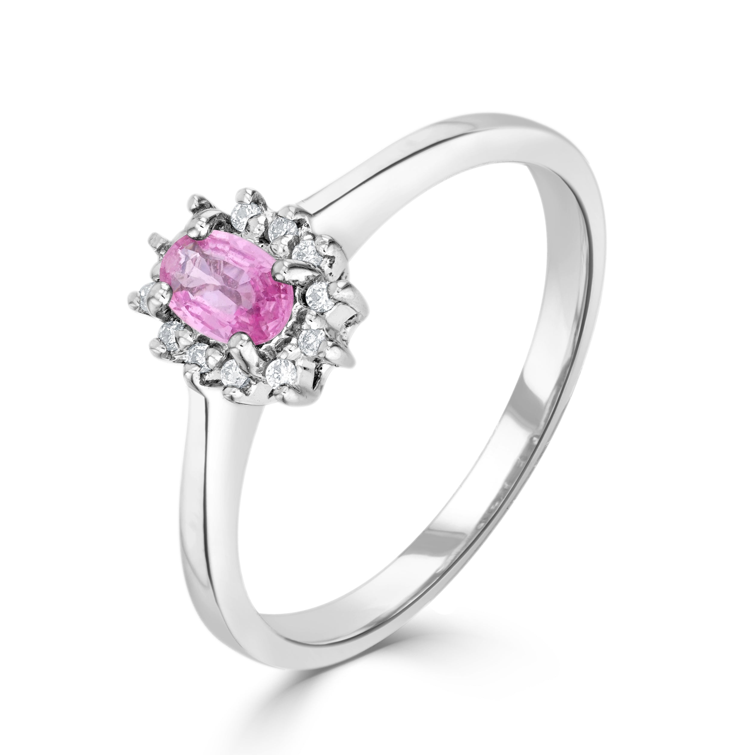 9CT WG 5X3 OVAL PINK SAPPHIRE & DIAMOND CLAW SET CLUSTER RING 1