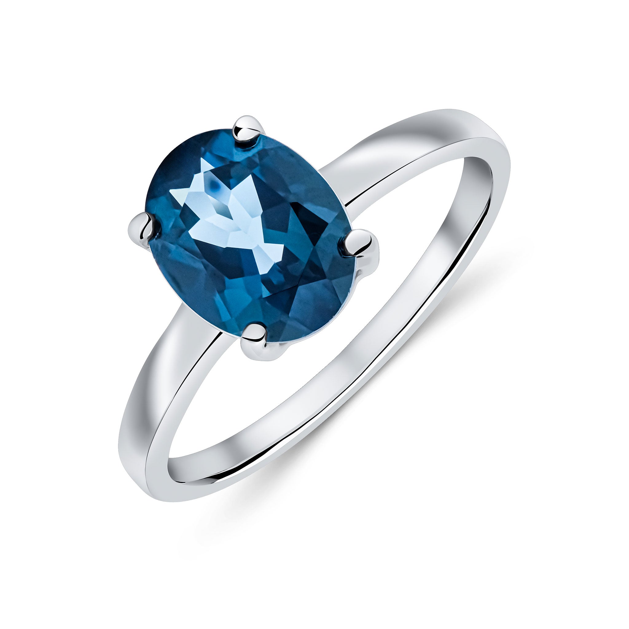 9ct White Gold 9x7 Oval London Blue Topaz Claw Set Single Stone Ring
