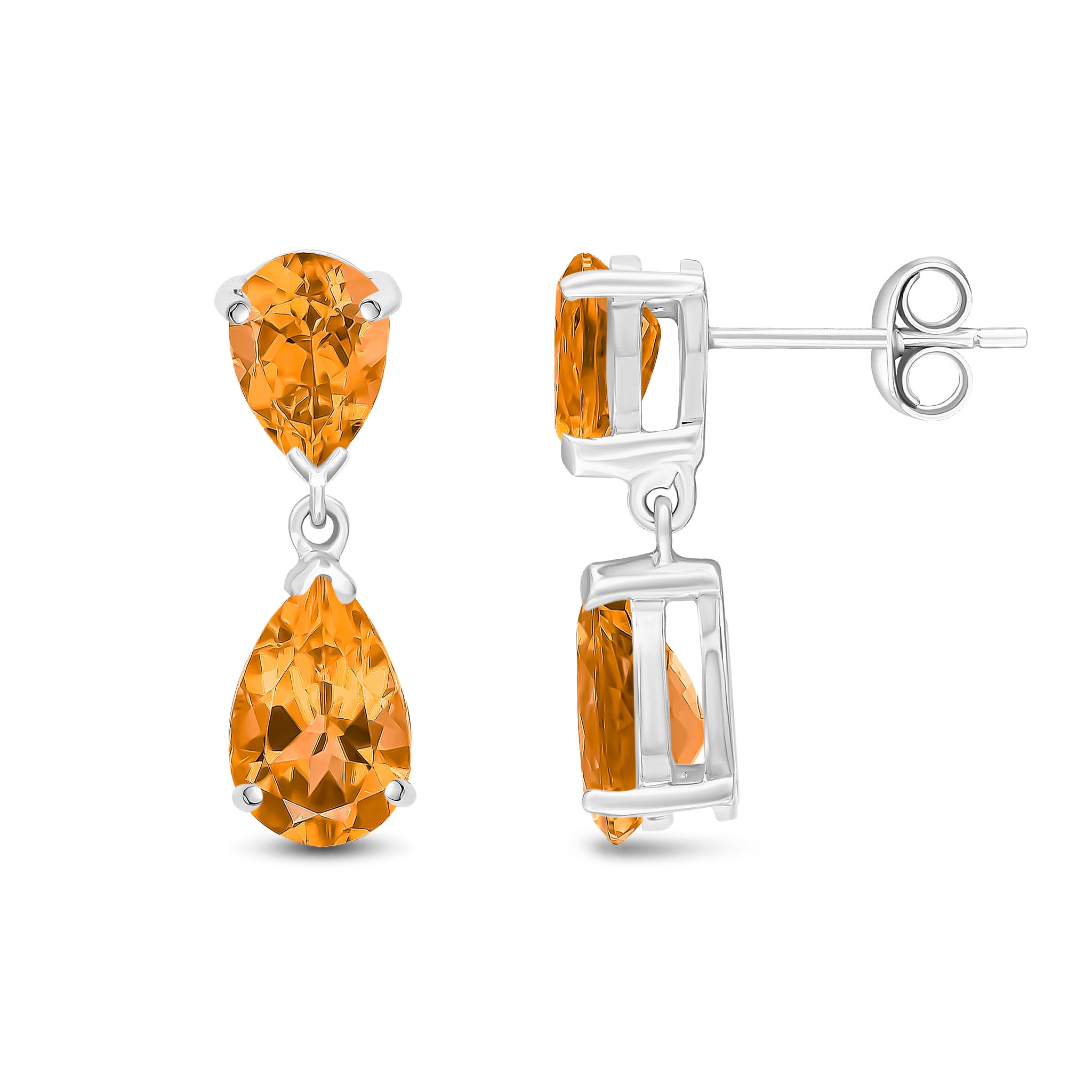 9ct White Gold Pear Shape Citrine 2 Stone Claw Set Drop Earrings