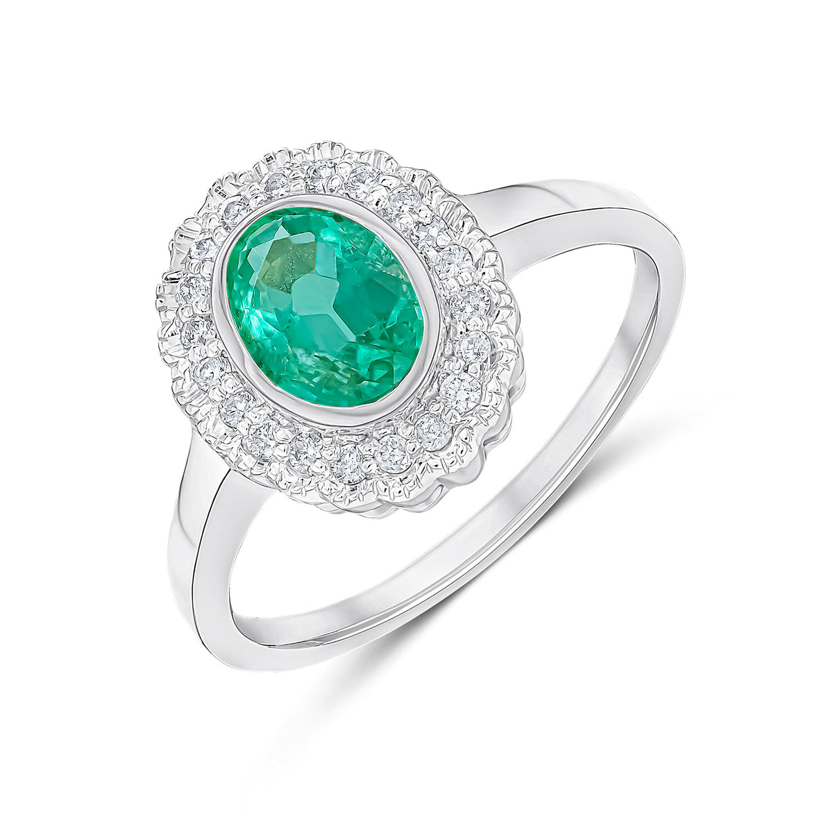 9ct White Gold Rubover Oval Emerald and Milgrain Round Diamond Cluster Ring