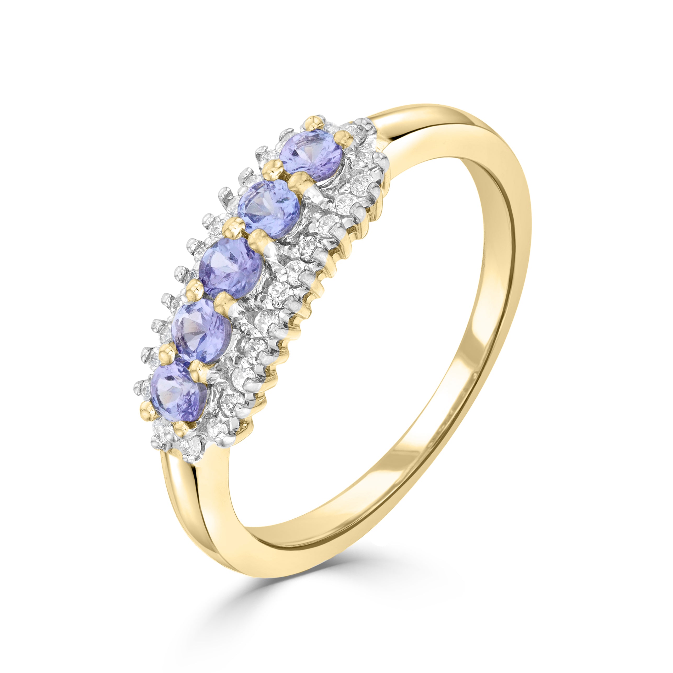 9CT YG ROUND TANZANITE AND ROUND DIAMOND 3 ROW CLAW SET BAND RING. RHODIUM TO DIAMONDS 1