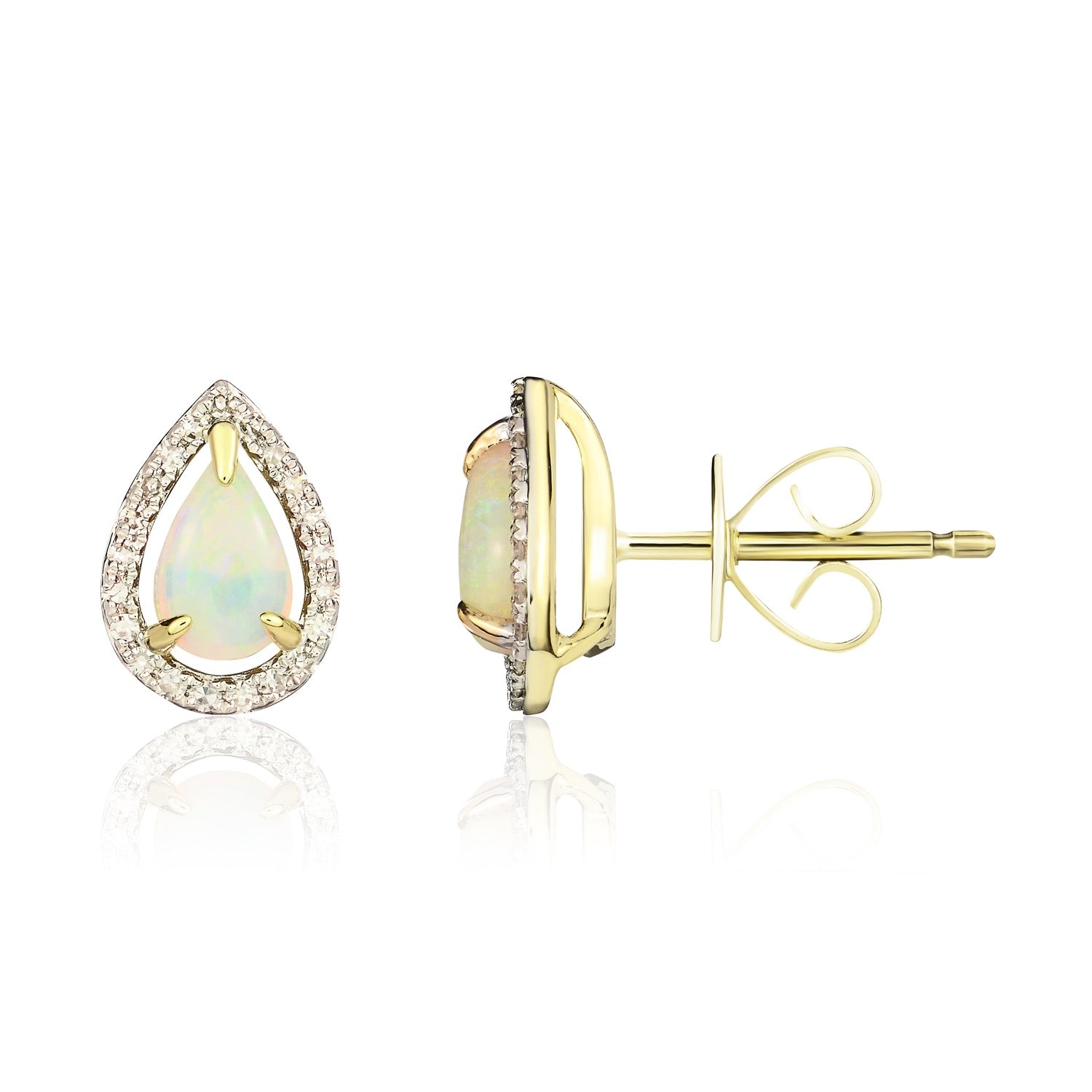 9ct Yellow Gold 6x4 Pear Shape Opal & Diamond Halo Cluster Earrings Rhodium to Diamonds