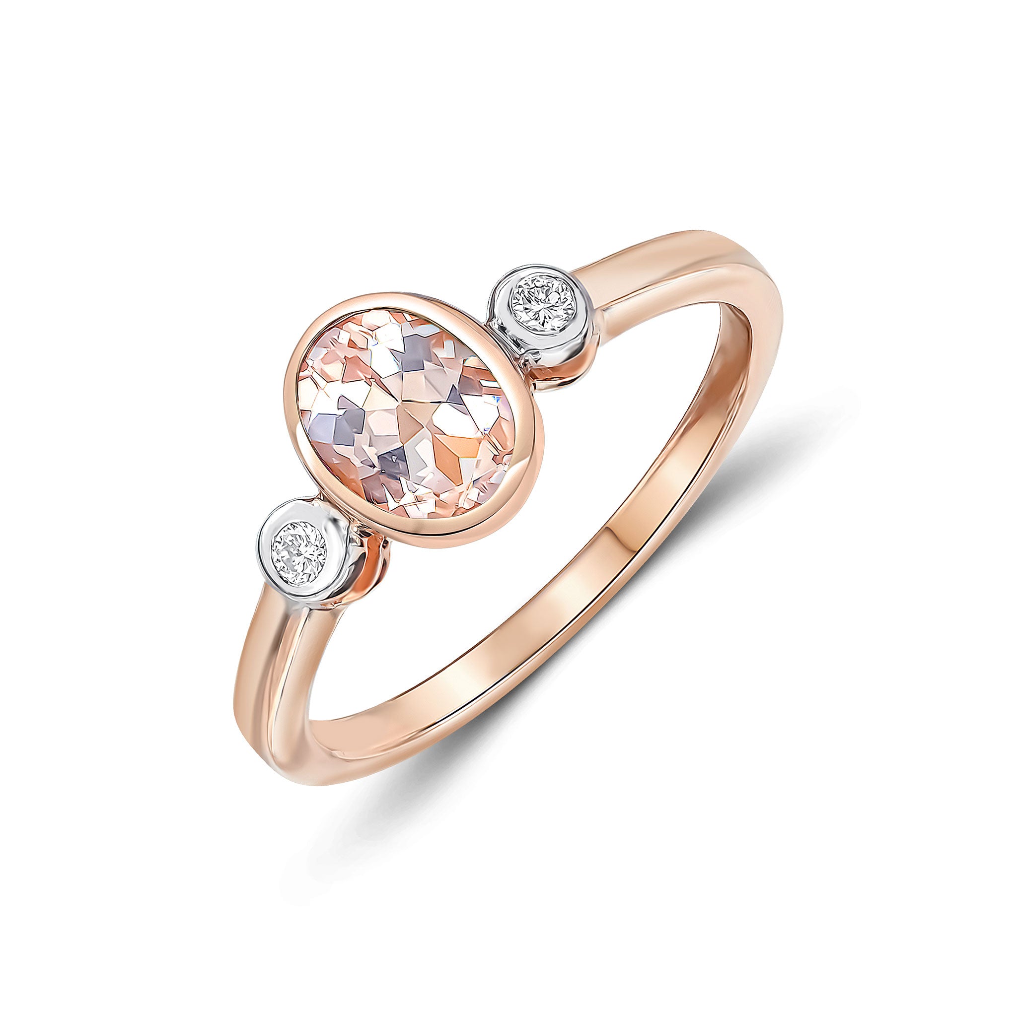 9ct Rose Gold 7x5 Oval Morganite and Round Diamond 3 Stone Rubover Ring Rhodium to Diamonds