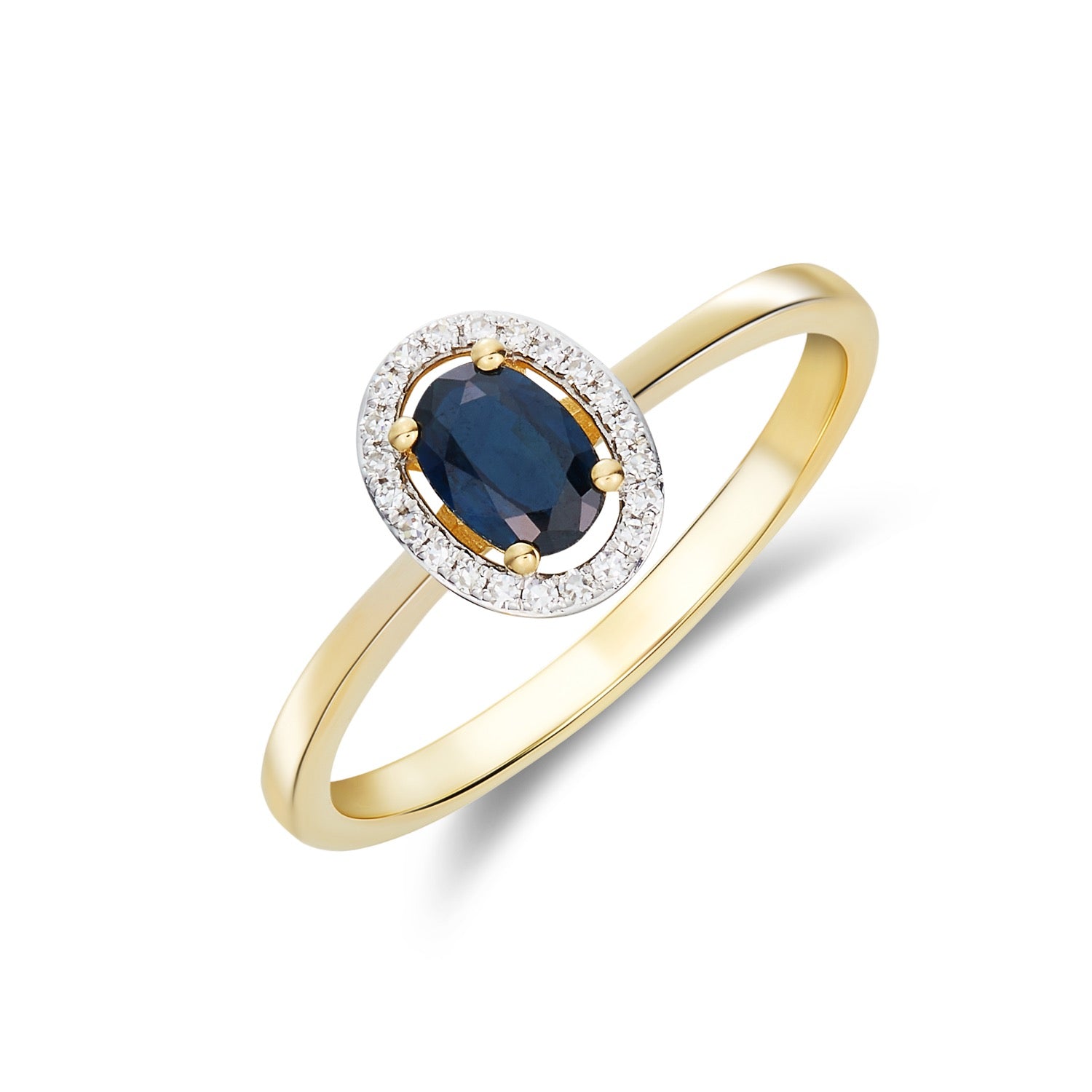 9ct Yellow Gold 6x4 Oval Sapphire and Round Diamond Halo Cluster Ring Rhodium to Diamonds