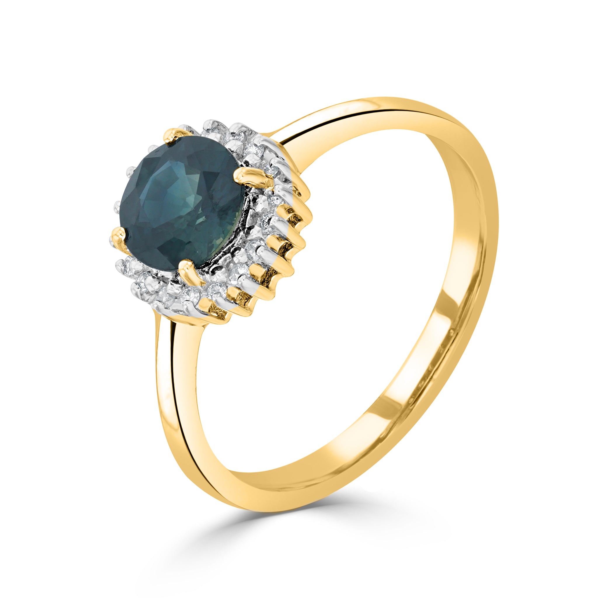 9ct Yellow Gold 6mm Round Sapphire & Diamond Claw Set Cluster Ring Rhodium to Diamonds