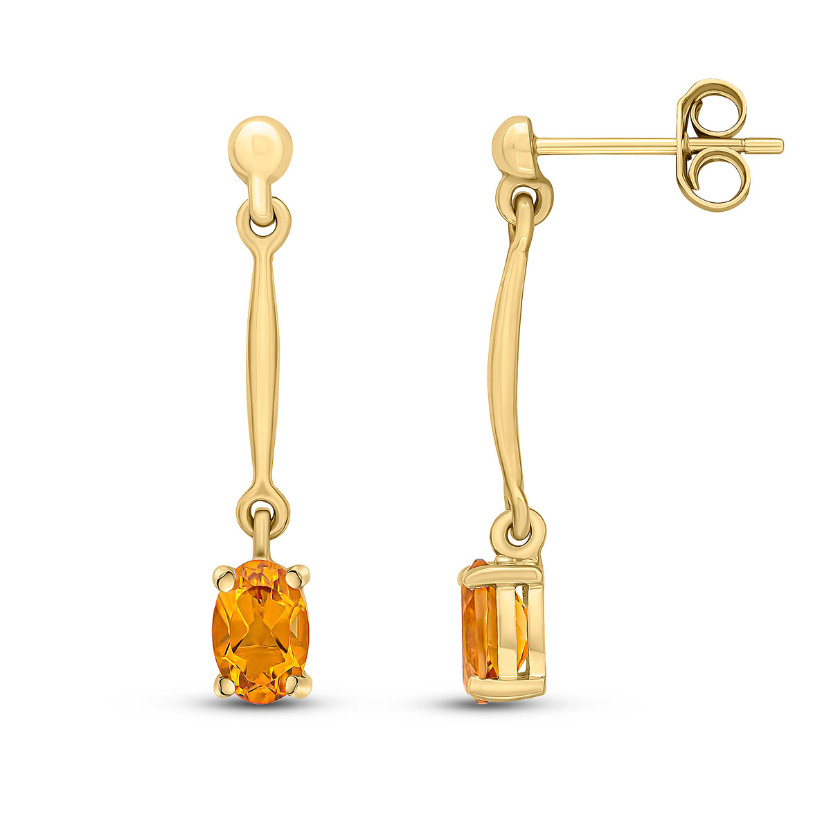 9ct Yellow Gold Claw Set 6x4mm Oval Citrine and Bar Drop Earrings