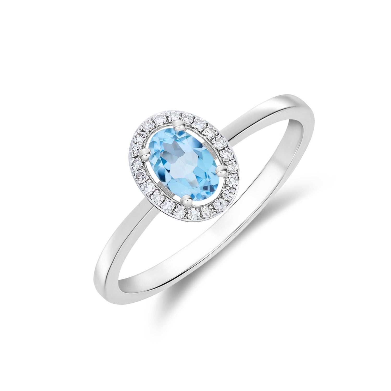 9ct White Gold 6x4 Oval Swiss Blue Topaz and Round Diamond Halo Cluster Ring
