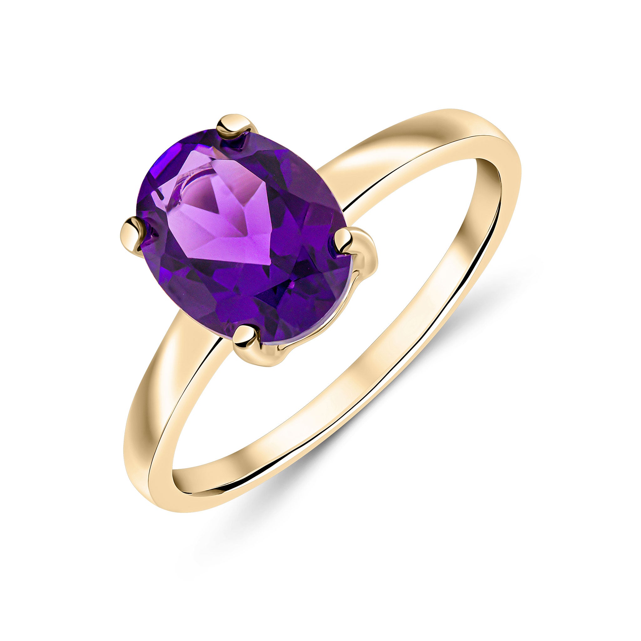 9ct Yellow Gold 9x7mm Oval Amethyst Claw Set Single Stone Ring