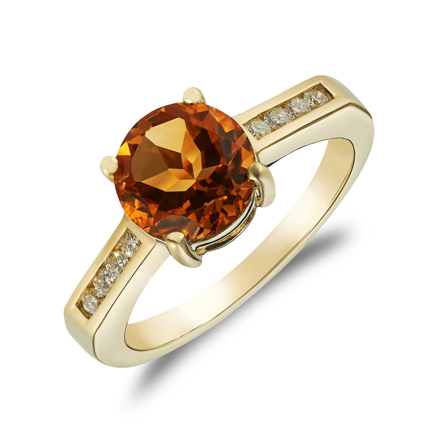 9ct Yellow Gold Claw Set 8mm Round Citrine Single Stone Ring with Channel Set Diamond Shoulders