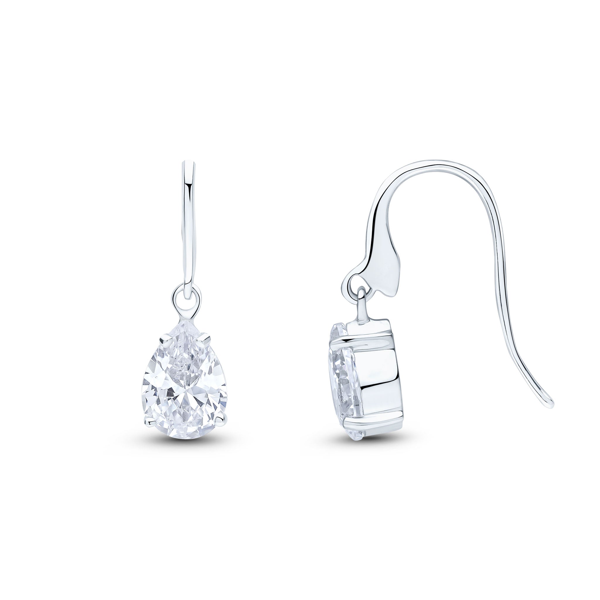 9ct White Gold 7x5mm Pear Shape CZ Claw Set Wire Hook Drop Earrings