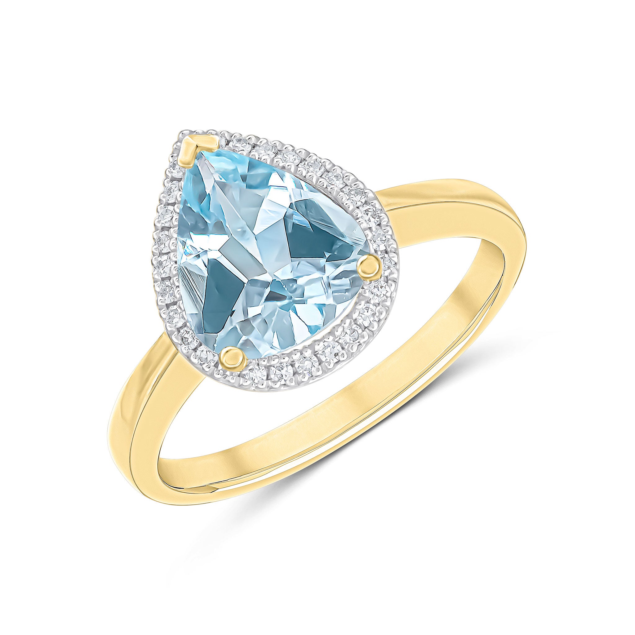 9ct Yellow Gold 10x8 Pear Shape Aquamarine & Diamond Cluster Ring Rhodium to Diamonds