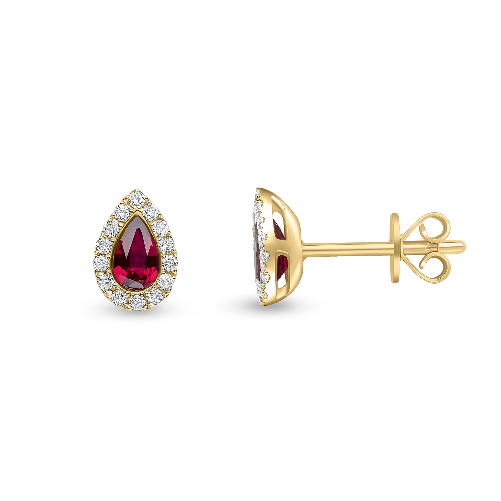 18ct Yellow Gold 5x3 Pear Shape Ruby & Diamond Microset Cluster Earrings
