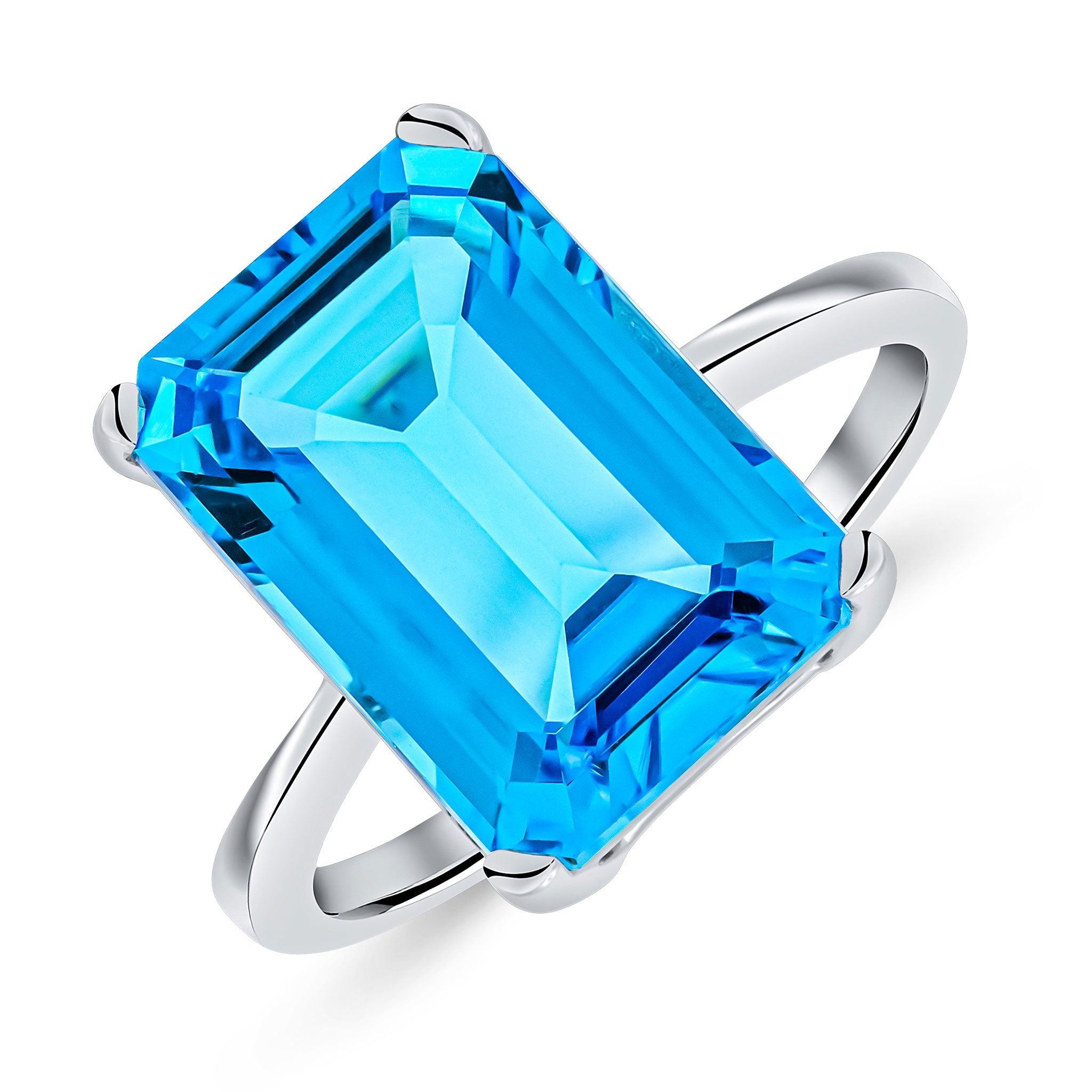9ct White Gold 14x10mm Octagon Swiss Blue Topaz Claw Set Single Stone Ring