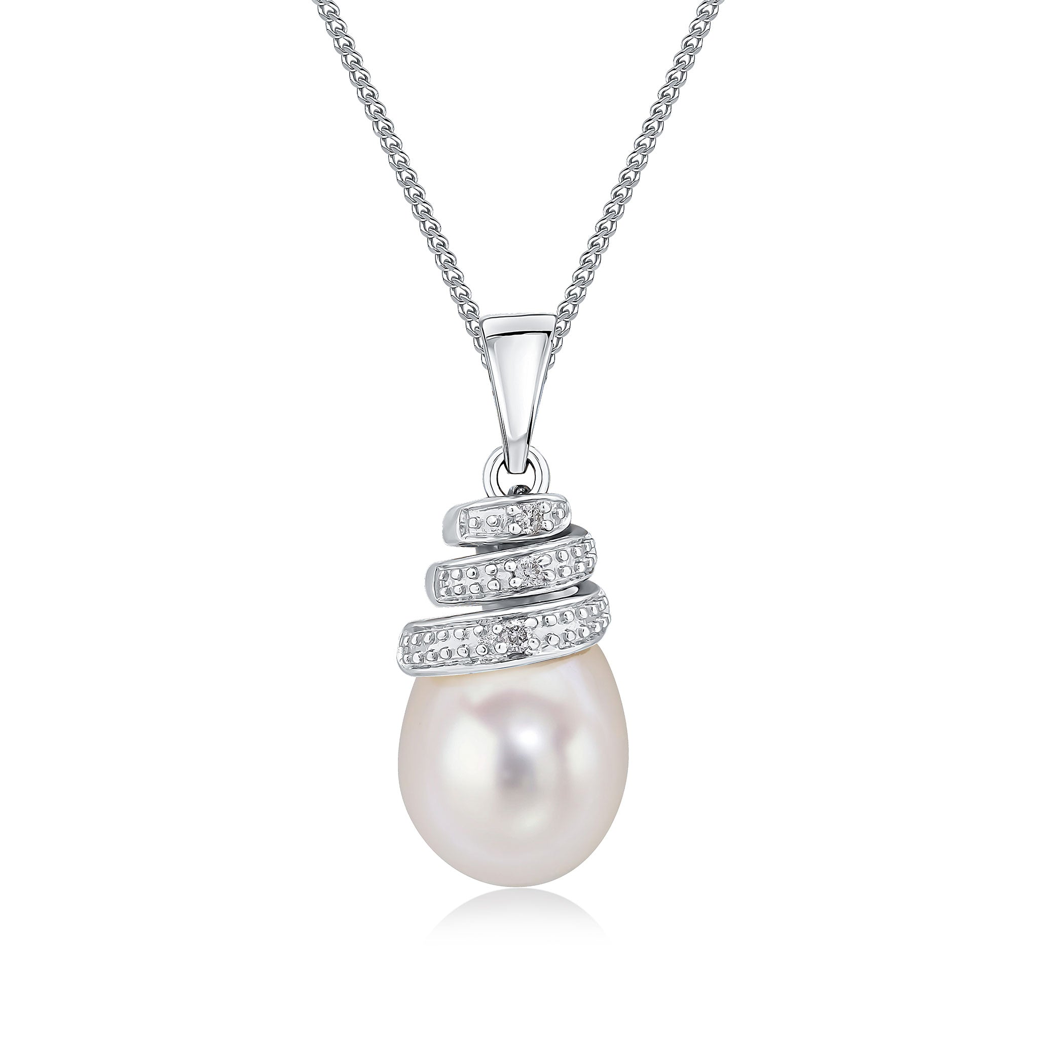 9ct White Gold Prl & Diamond Spiral Pendant