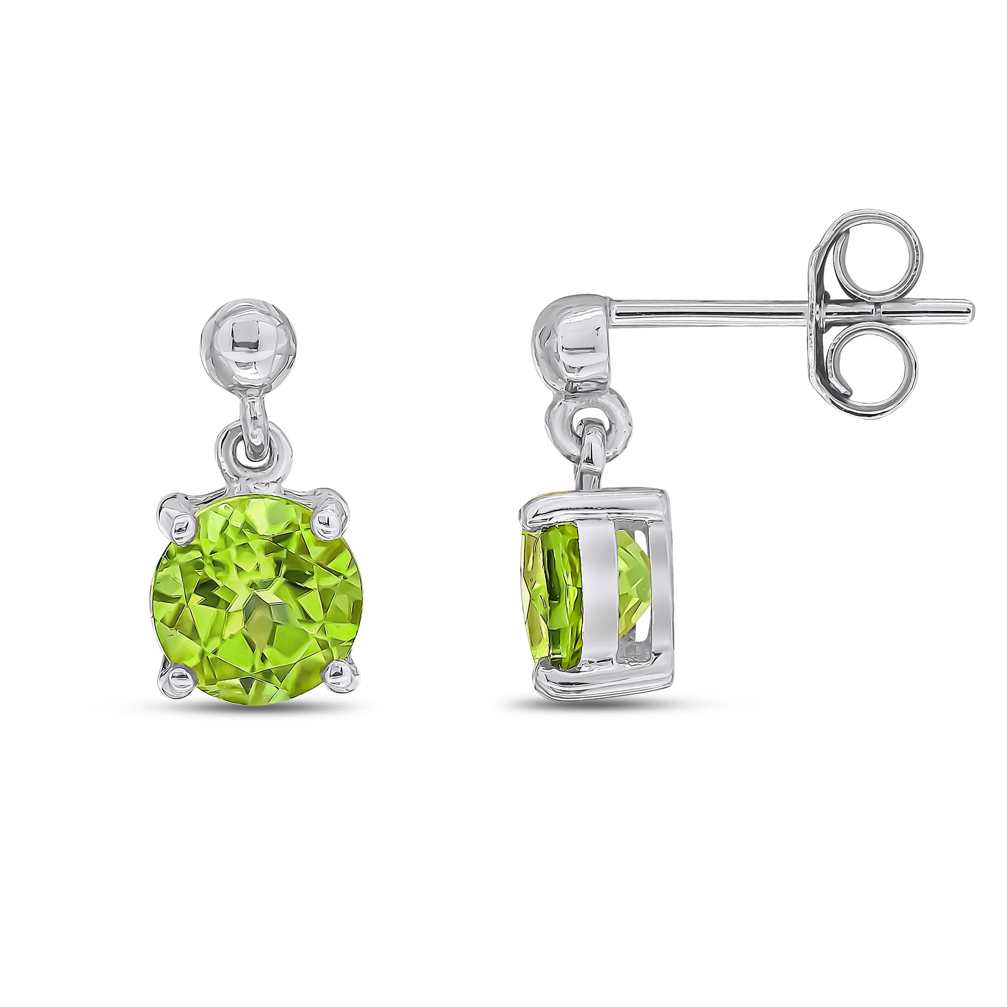 9ct White Gold 6mm Round Peridot Claw Set Drop Earrings with Bead Top