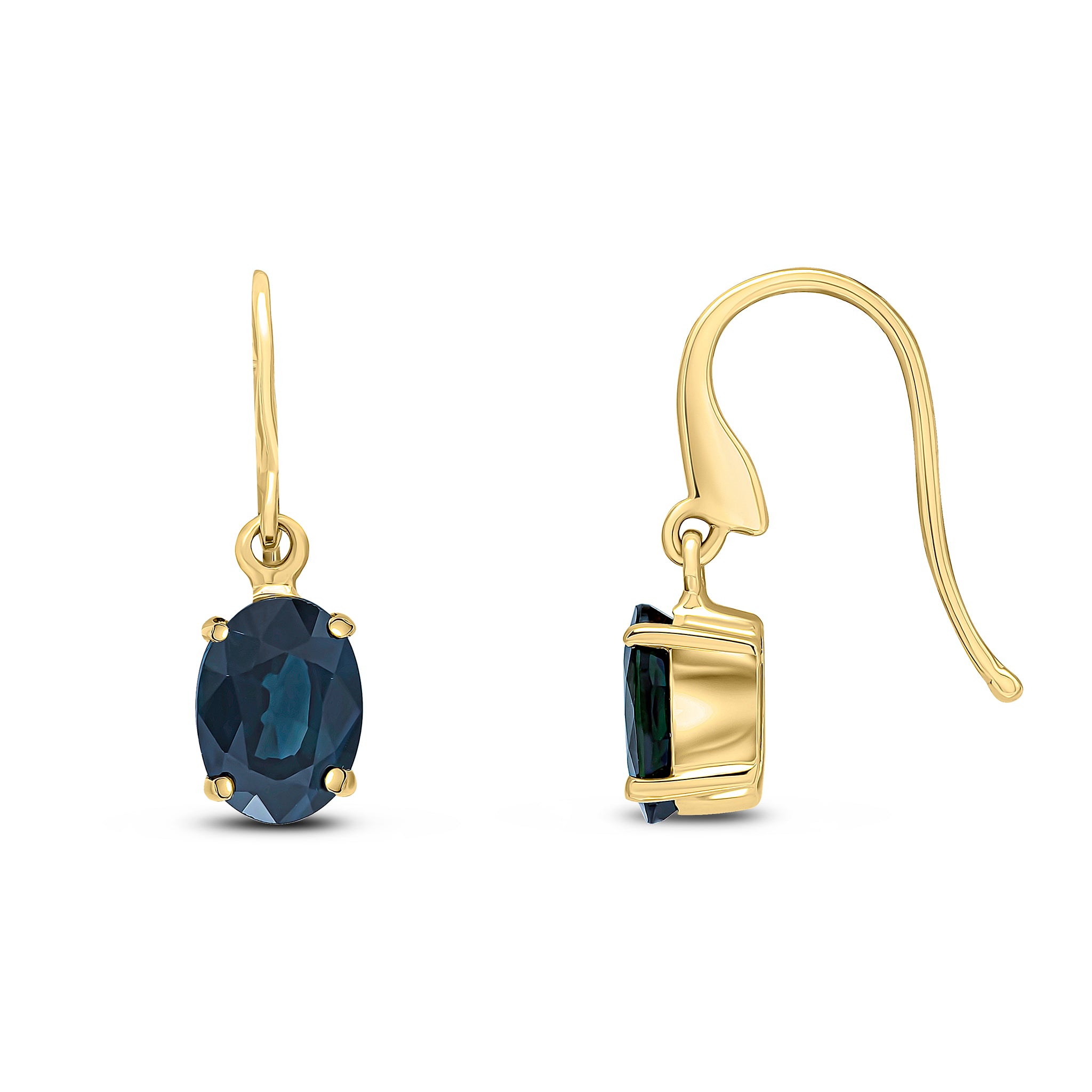 9ct Yellow Gold 7x5 Oval Sapphire Claw Set Drop Earrings with Hook Wire Fitting